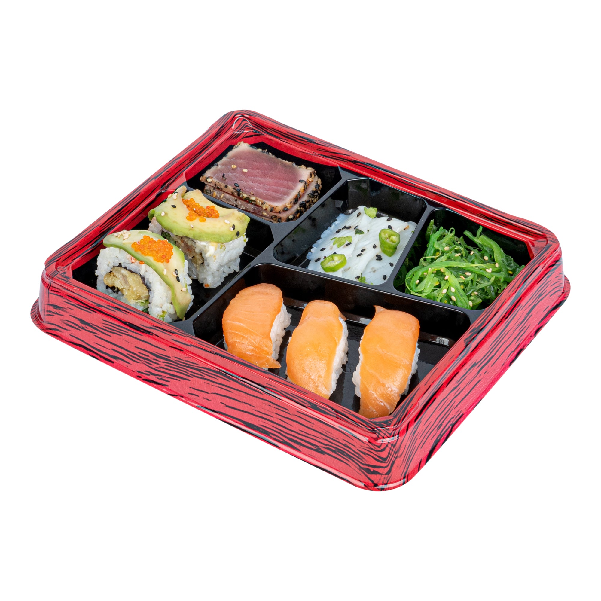 Bento Tek 18 oz Rectangle Red and Black Plastic Bento Box with 5 Compartments | 9.25