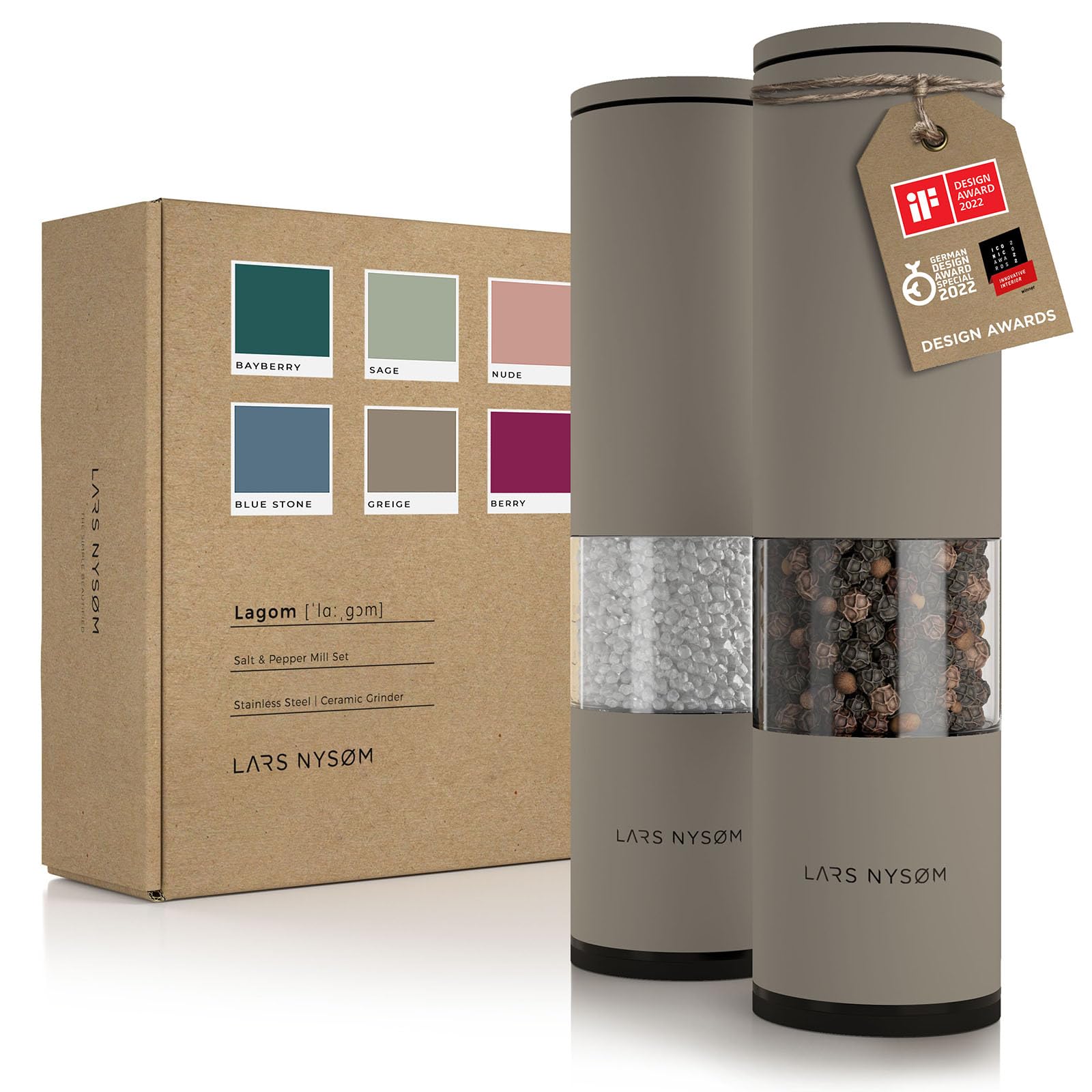 Premium Adjustable Ceramic Salt and Pepper Grinder Set - 2-Piece Manual Mill with Coarse to Fine Grind Settings - Stylish Taupe Brown Spice Shakers for Kitchen, Dining Table & Gourmet Cooking