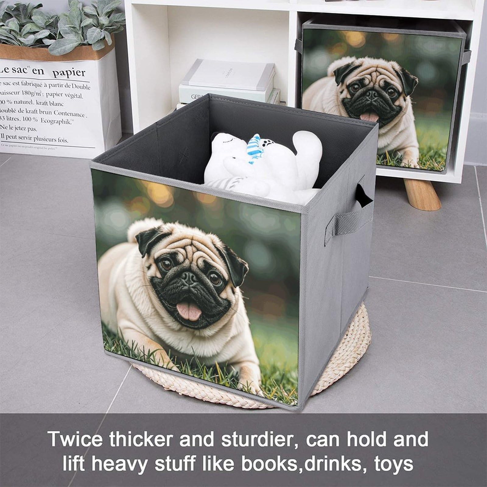 1PCS Foldable Storage Bins - Pug Dog Printed Large Capacity Storage Box with Handle, Organizer Cube for Playroom, Office & Home Organization | Perfect for Toys, Books & Clutter Control