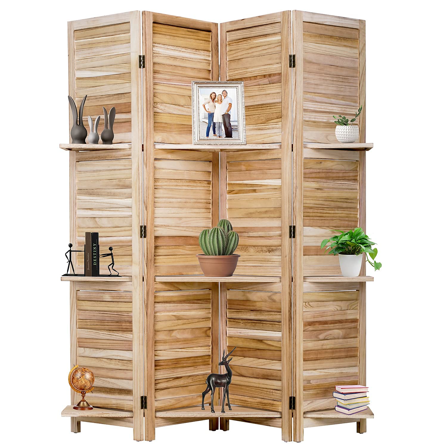 4 Panel Wooden Room Divider with 3 Shelves - Folding Privacy Screen for Home & Office - Portable Partition for Living Room, Bedroom, and Workspace
