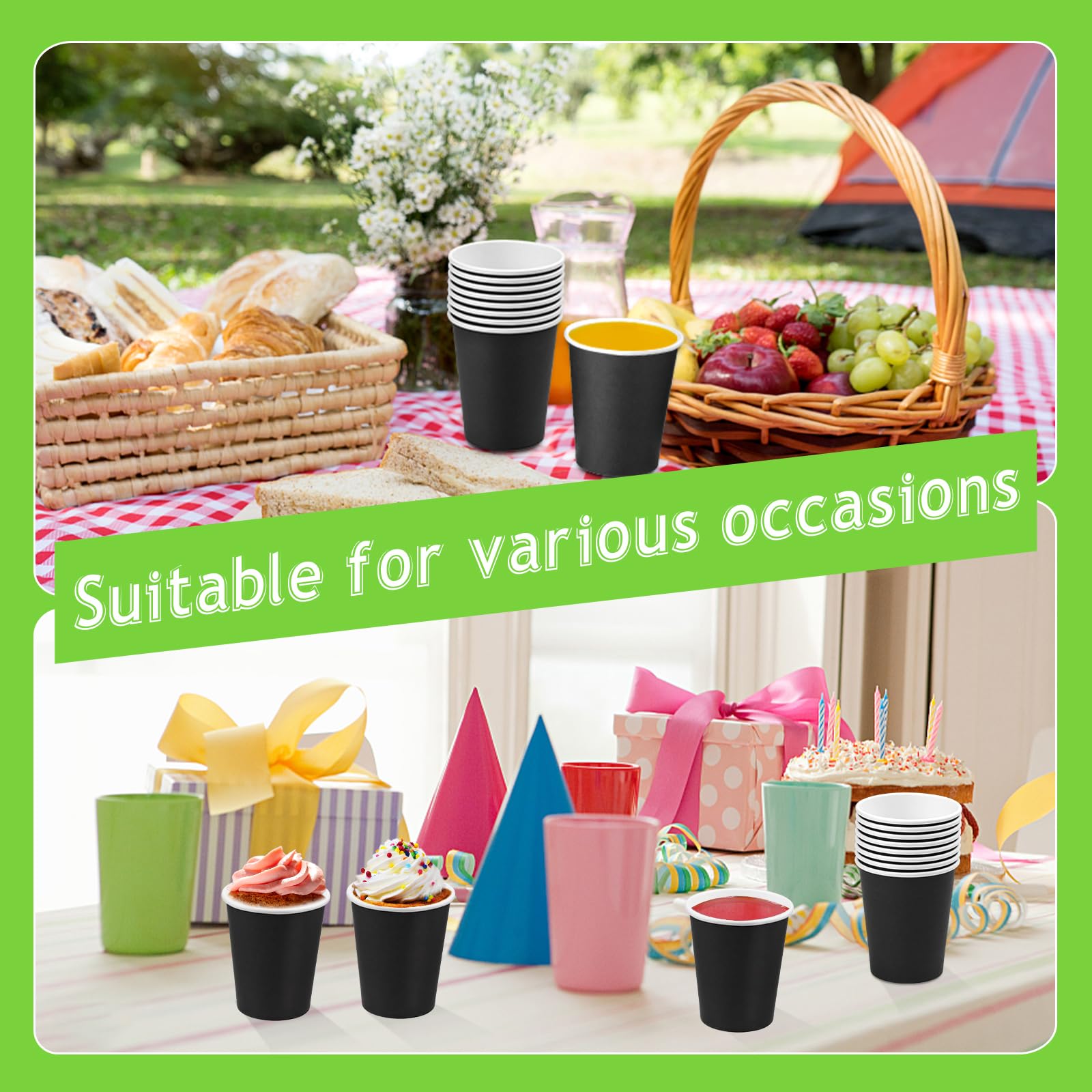 8oz Black Disposable Paper Cups - Hot & Cold Beverage Drinking Cups for Coffee, Juice, Tea - Eco-Friendly Party Supplies for Home, Office, Picnic & Events (25 Pack)