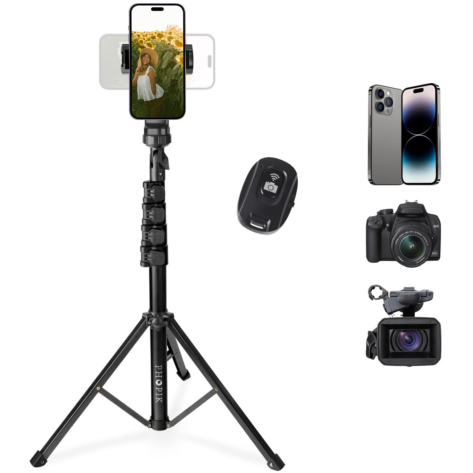 PHOPIK Extendable Phone Tripod Stand with Selfie Stick - Heavy Duty Aluminum Tripod for iPhone & Android Phones, Lightweight & Portable - Perfect for Travel, Vlogging, and Hands-Free Video Calls