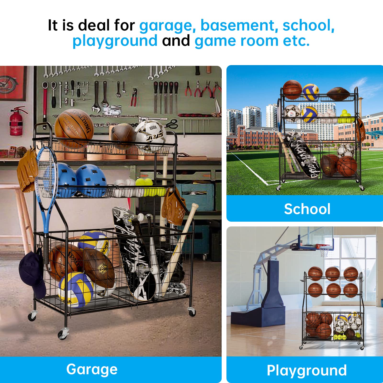 Garage Sports Equipment Organizer - Heavy Duty Steel Ball Storage Rack & Toy Organizer with Wheels for Nerf Guns, Basketballs, Soccer Balls - Perfect for School Gym, Playroom & Garage Storage (Black)