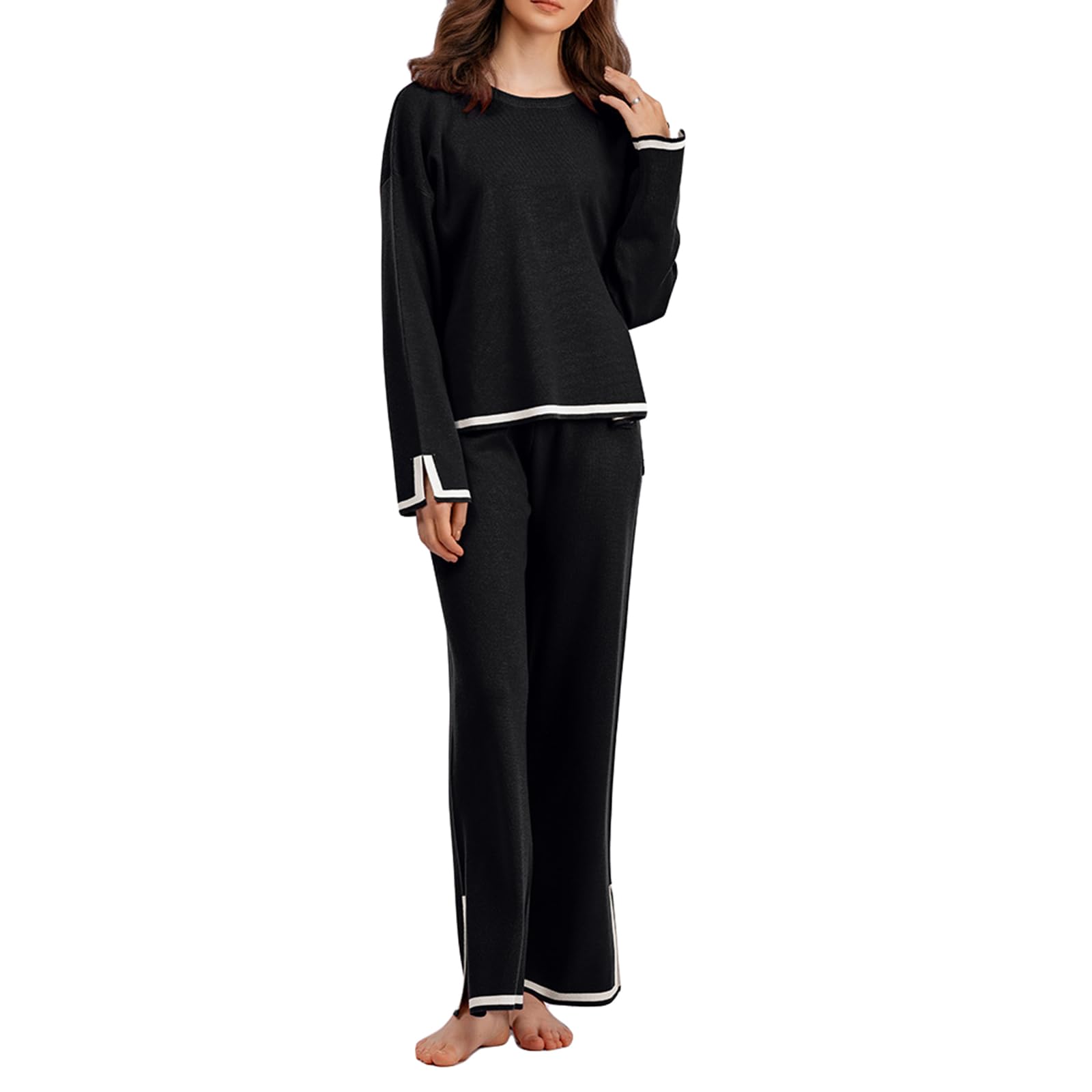 FeMereina Women's 2 Piece Outfit - Long Sleeve Knit Sweater Top & Wide Leg Pants Lounge Set - Soft Comfortable Tracksuit for Casual Wear, Work from Home, and Relaxation
