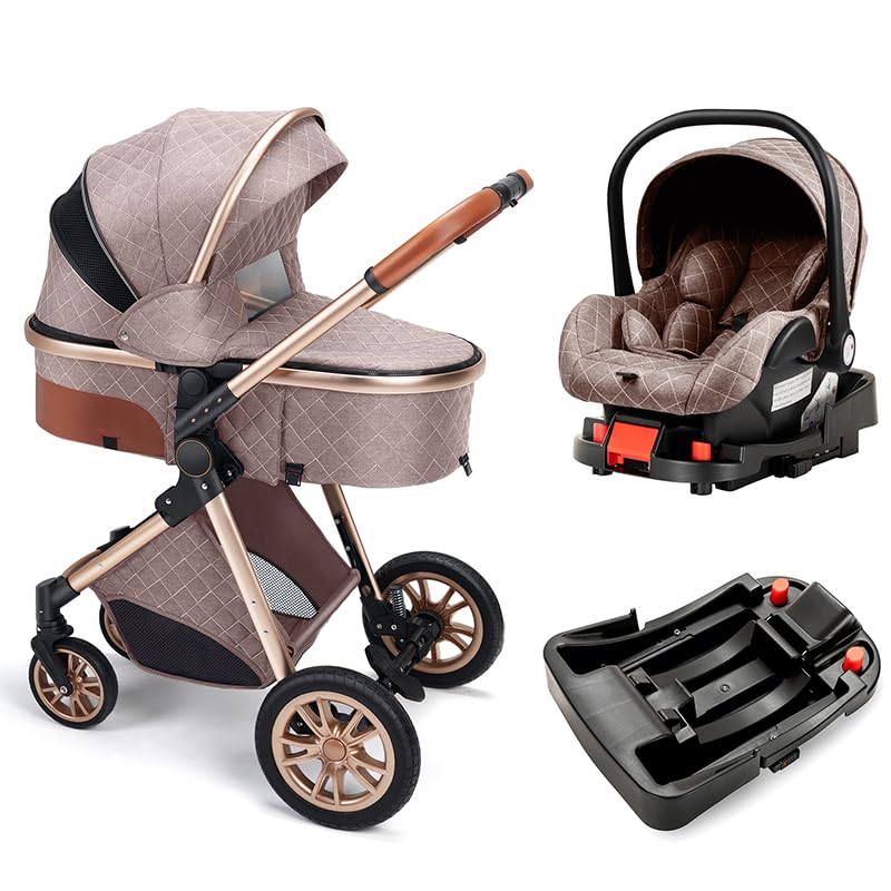 **Baby Stroller with Bassinet | Foldable Newborn Pram with 4 Shock-Absorbing Wheels (Brown with Base) – Perfect for Travel, Walks & Shopping**