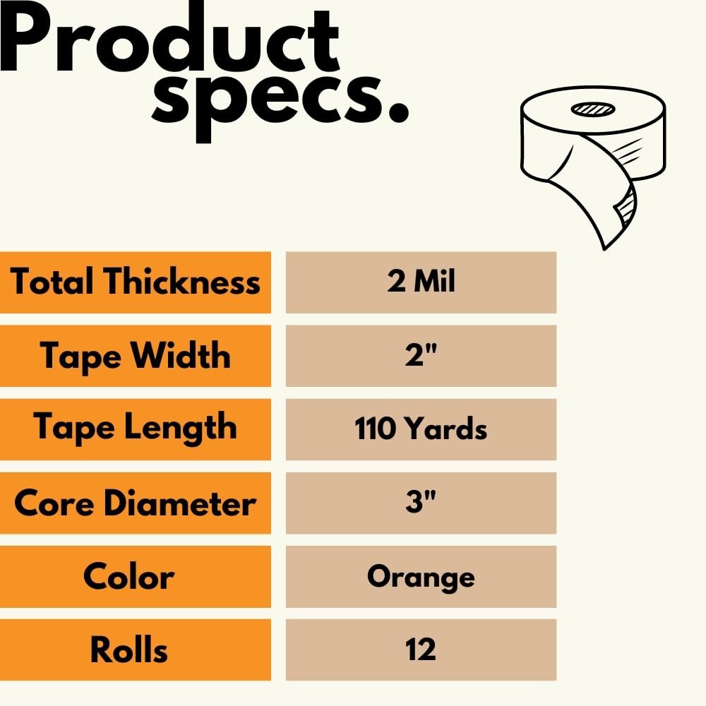 PSBM Orange Packing Tape with Dispenser - 2 Inch x 110 Yards, 12 Pack Heavy Duty Colored Packaging Tape for Moving, Storage & Shipping - Perfect for Home Office, Warehouse, and E-commerce Businesses