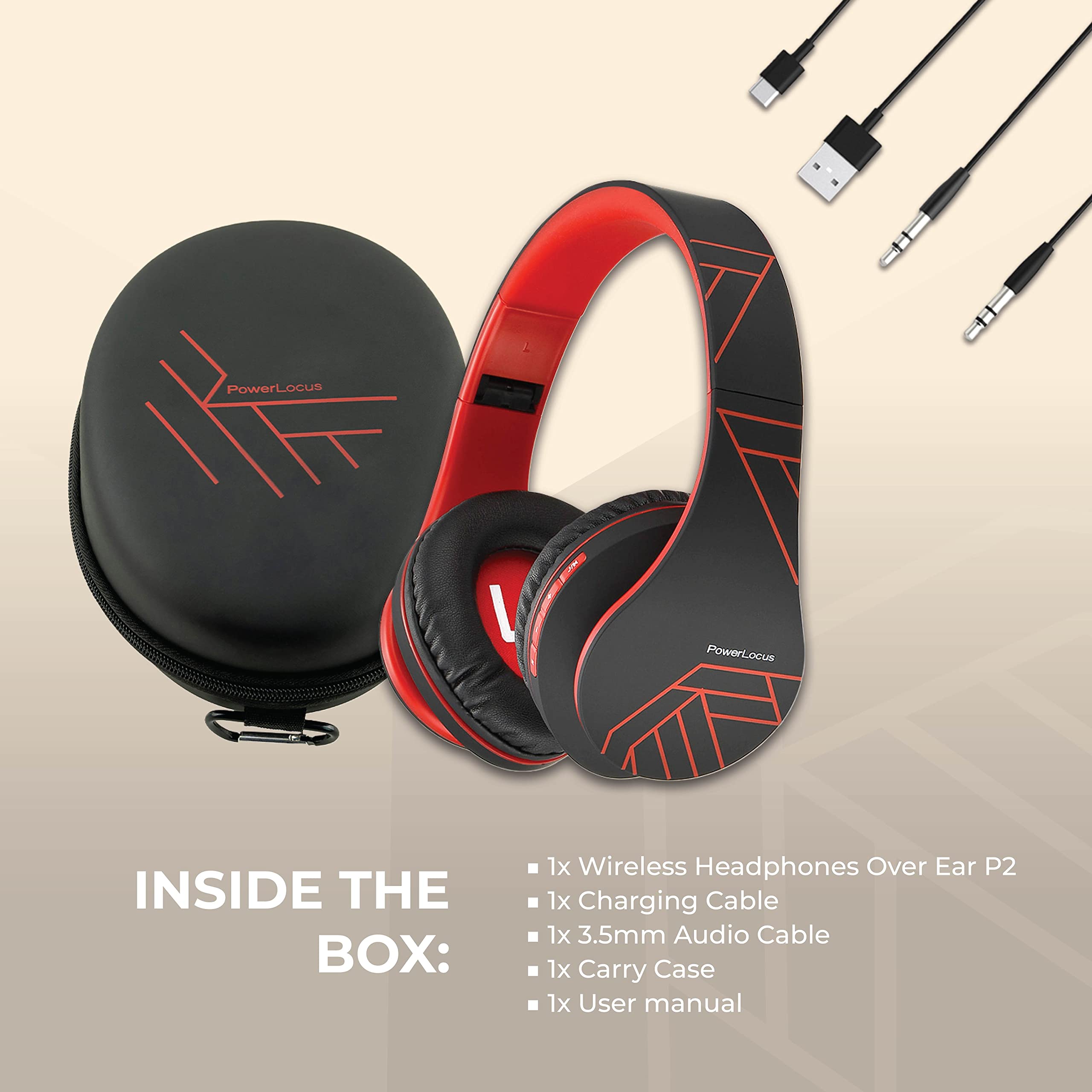 PowerLocus Bluetooth Over-Ear Headphones - Wireless & Wired Stereo Headset with Built-in Mic, Foldable Design, Micro SD/TF & FM Radio - Compatible with iPhone, Samsung, iPad, PC (Black/Red) - Perfect for Travel, Workouts & Home Entertainment