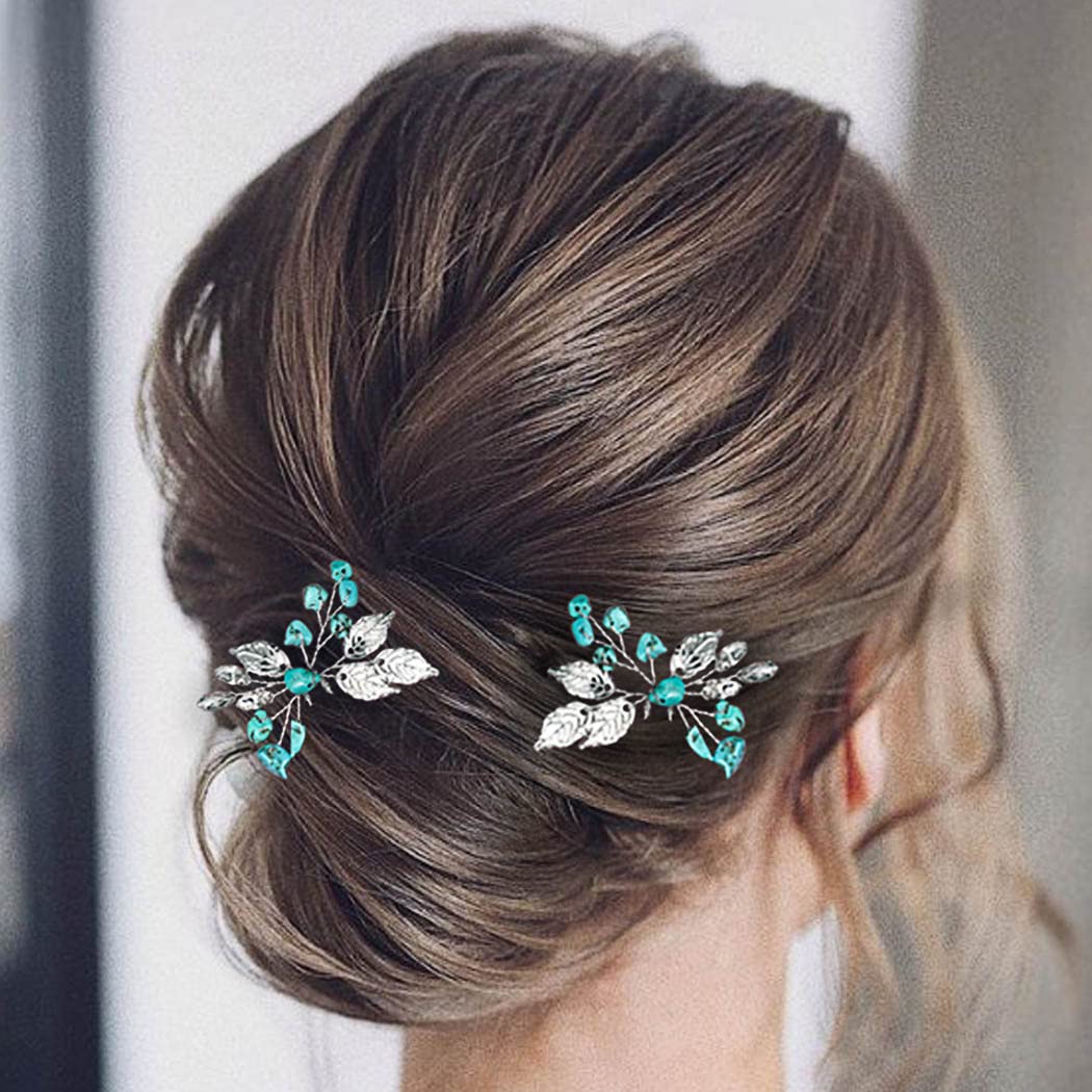 Turquoise Hair Pins with Silver Leaf Design - Glitter Rhinestone Bridal Hair Accessories for Women (Pack of 2) | Perfect for Weddings, Prom, Parties & Special Occasions