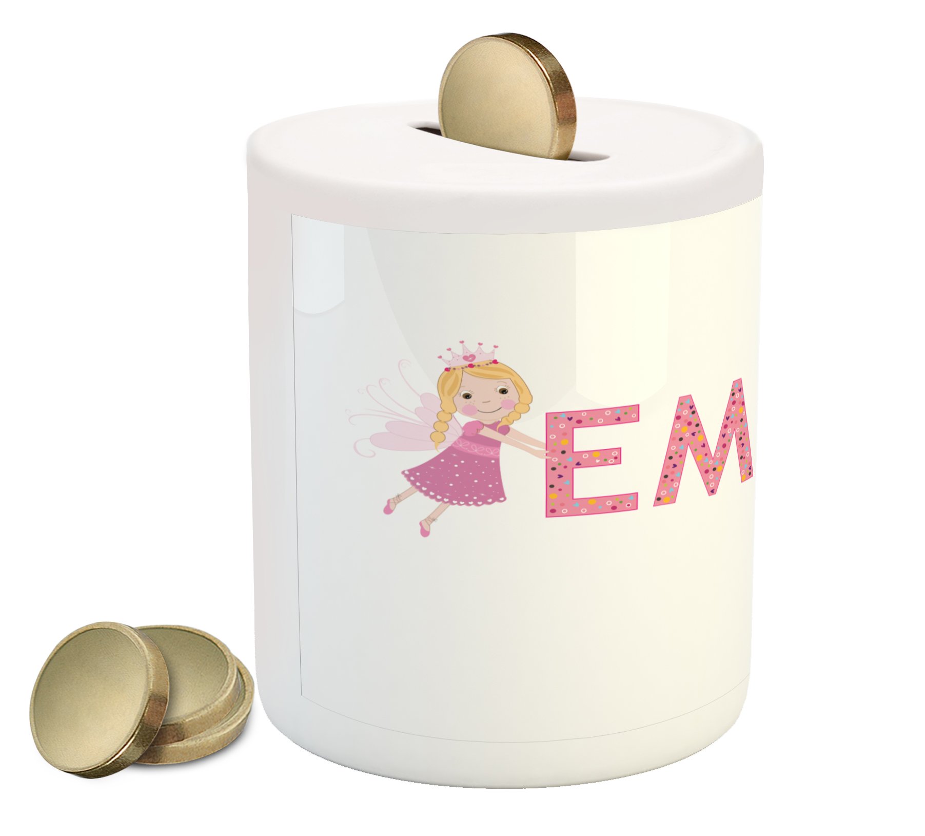 Ambesonne Emma Ceramic Piggy Bank with Polka Dots - Cartoon Money Box for Cash Savings (3.6