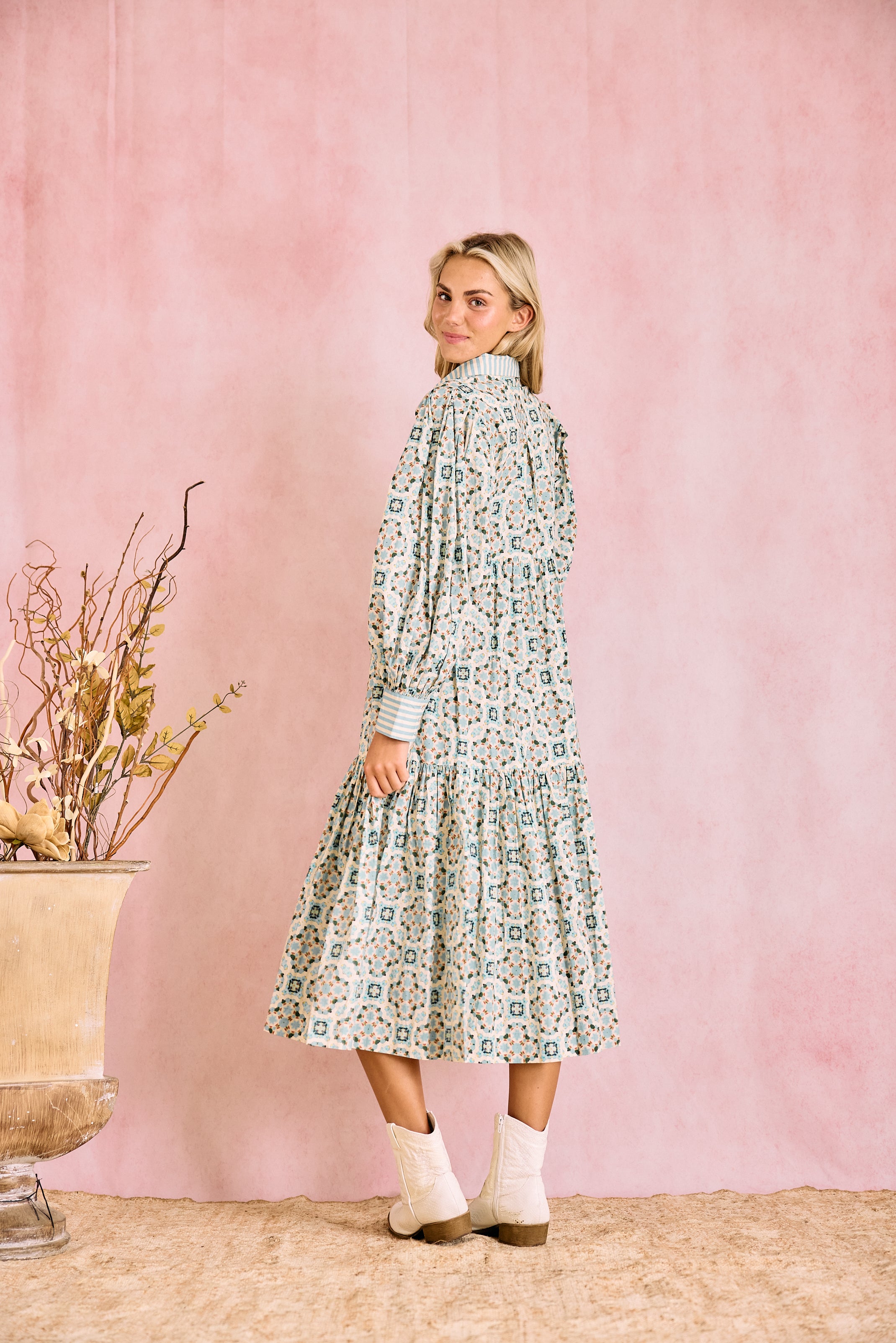 Laura Long Sleeve Quatrefoil Print Dress in Blue & Ivory - Elegant Office Wear & Casual Party Outfit