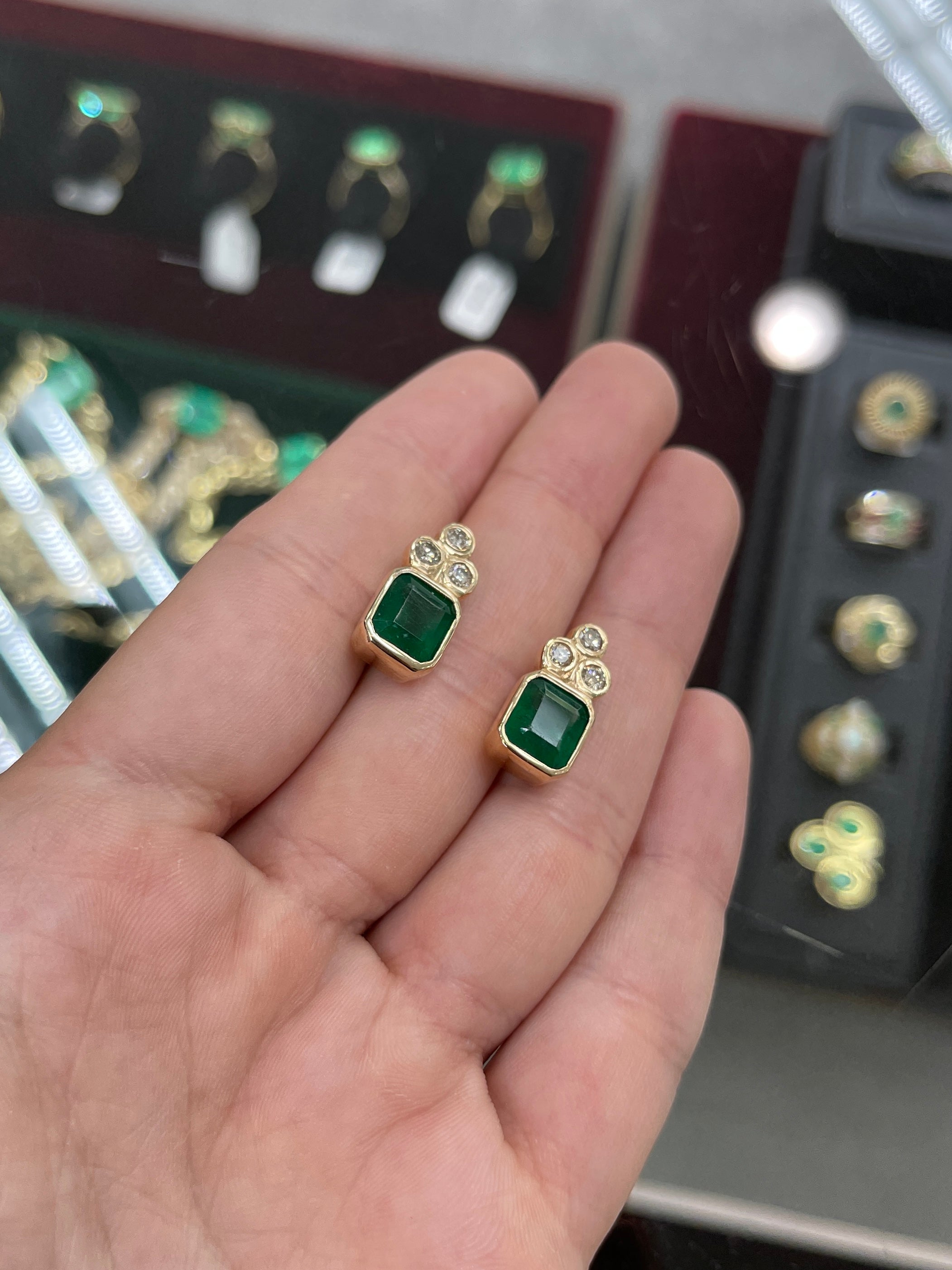 7.01tcw Natural Dark Forest Green Emerald Cut Emerald & Diamond Accent Bezel Earrings in 14K Gold - Elegant Jewelry for Weddings, Parties & Special Occasions