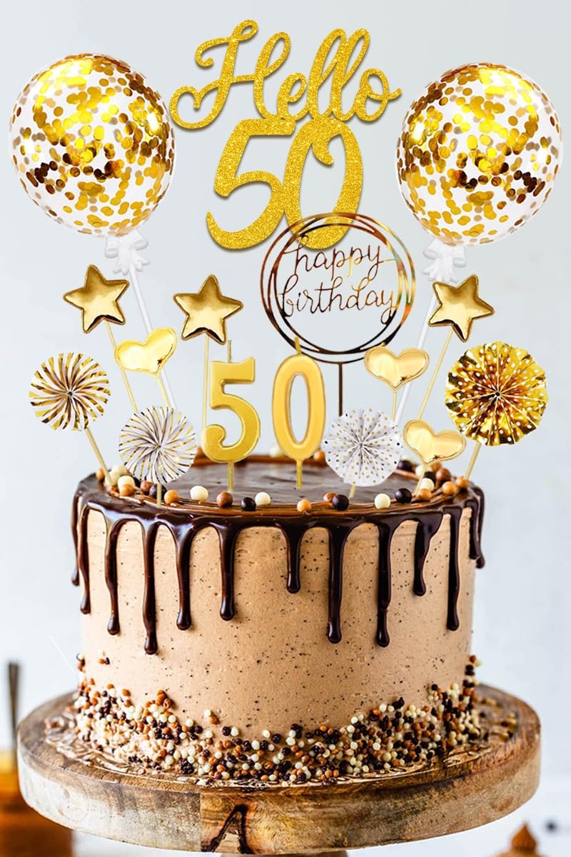 50th Birthday Cake Decorations Set - 20-Piece Gold Hello 50 Cake Toppers with Birthday Candles for Anniversary Celebration | Perfect for Milestone Birthday Cakes, Retirement Parties & Golden Jubilee Decorations