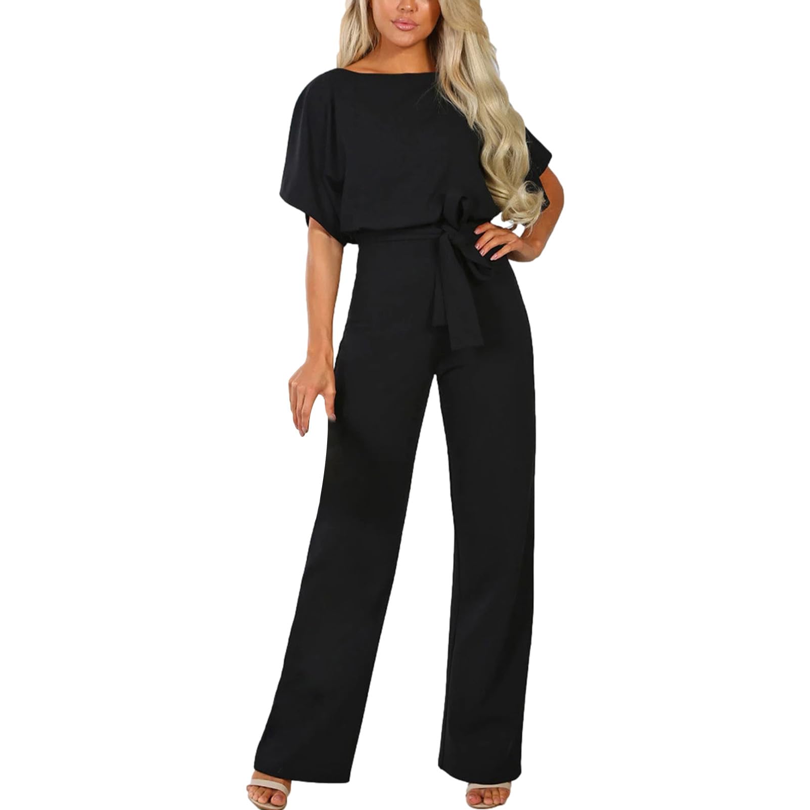 Women's Short Sleeve Jumpsuit with Belt - Wide Leg Long Pant Romper with Pockets | Casual Summer Outfit for Beach, Travel & Everyday Wear