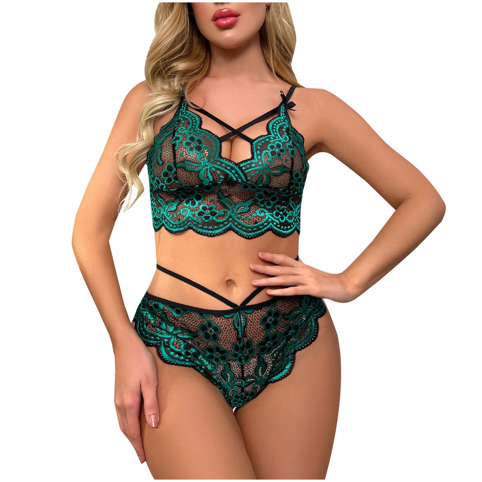 Wodceeke Women's Sexy Lingerie Set - 2 Piece Lace Bra & Panty Plus Size Babydoll Underwear Bodysuit for Date Night, Boudoir, and Special Occasions