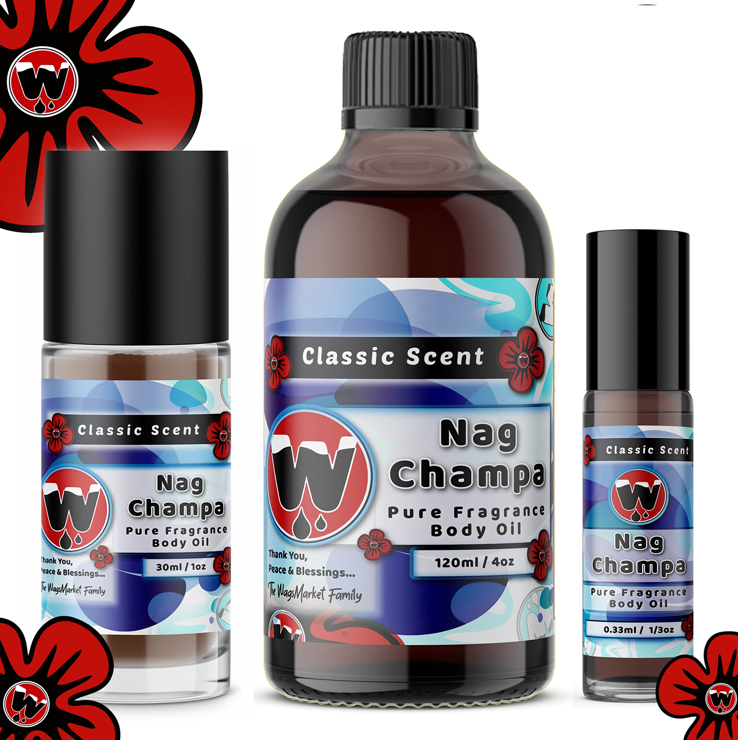 WagsMarket Nag Champa Perfume Oil - 0.33oz Roll On to 4oz Glass Bottle (4oz Size) | Aromatic Essential Oil for Meditation, Yoga & Home Fragrance