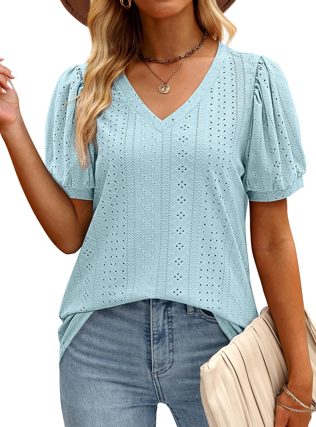 WIHOLL Women's V-Neck Puff Sleeve T-Shirt - Summer Fashion Casual Top for Women | Perfect for Office, Dating & Weekend Outfits