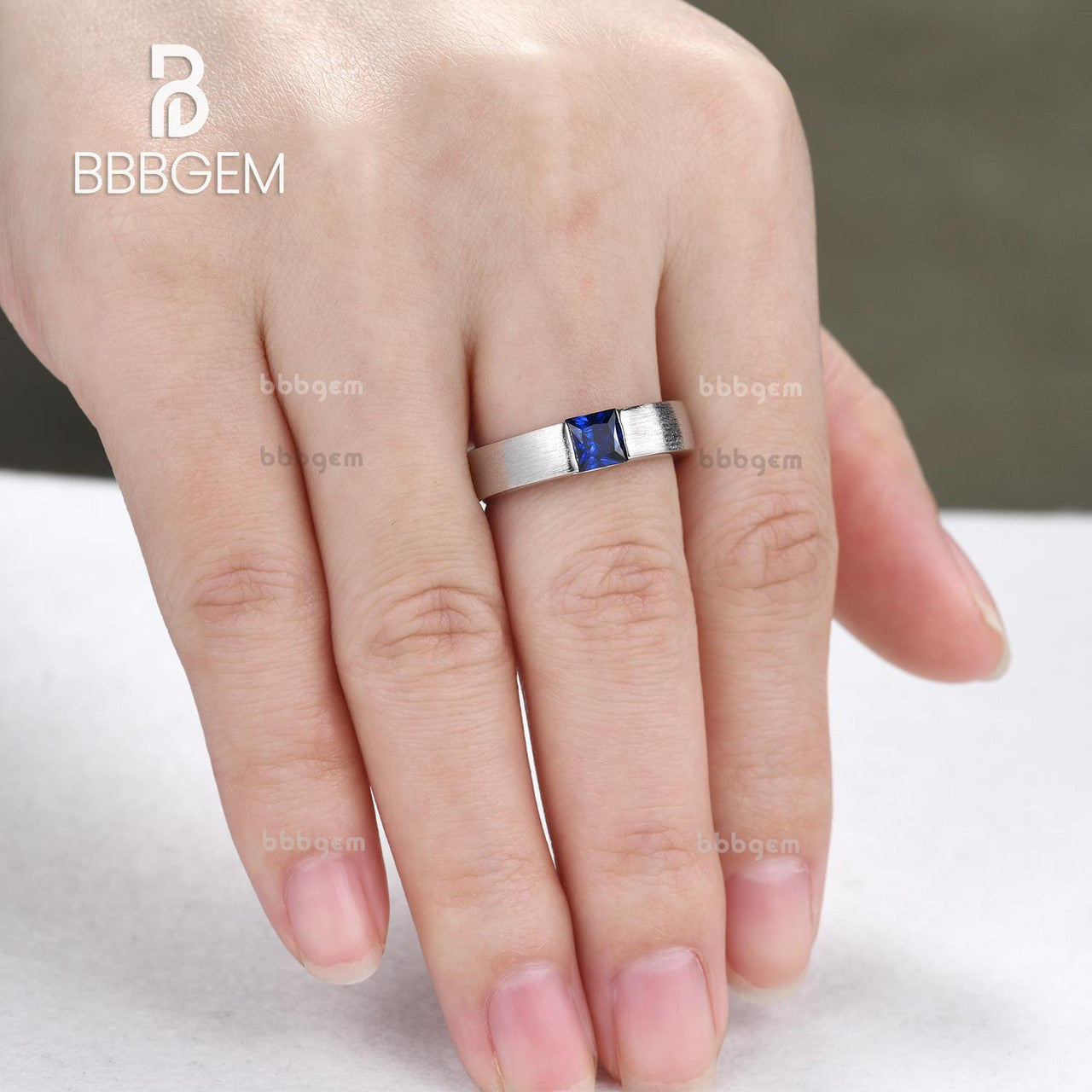 Blue Sapphire Men's Ring - Princess Square Solitaire Matte Band in Brushed White Gold for Weddings & Special Occasions