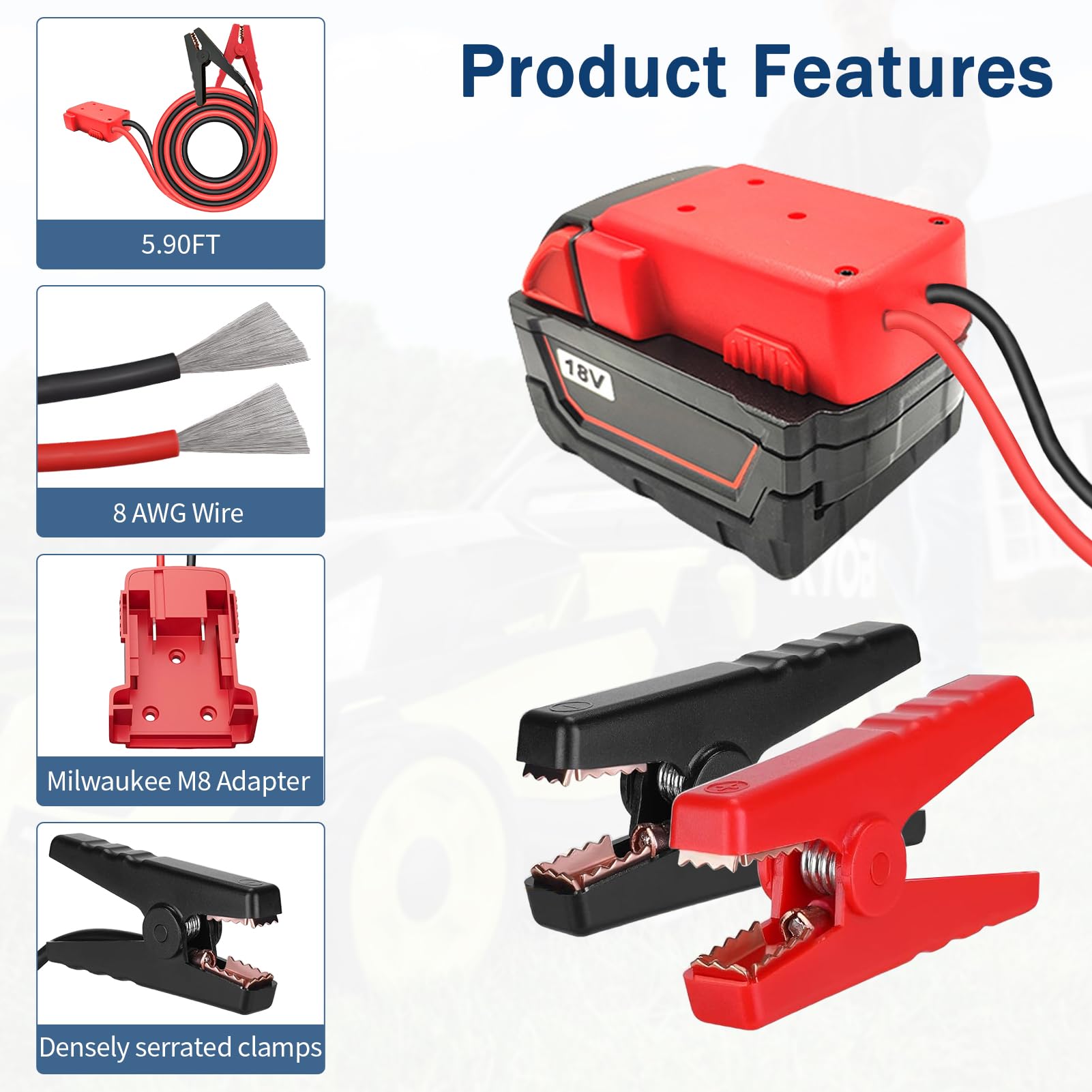 Milwaukee M18 18V Battery Jump Starter Jumper Cable Clamps - 5.9FT 8AWG Heavy Duty Car Battery Booster Cables with Adapter - Emergency Vehicle Jump Starting for Cars, Trucks, SUVs & Power Tools