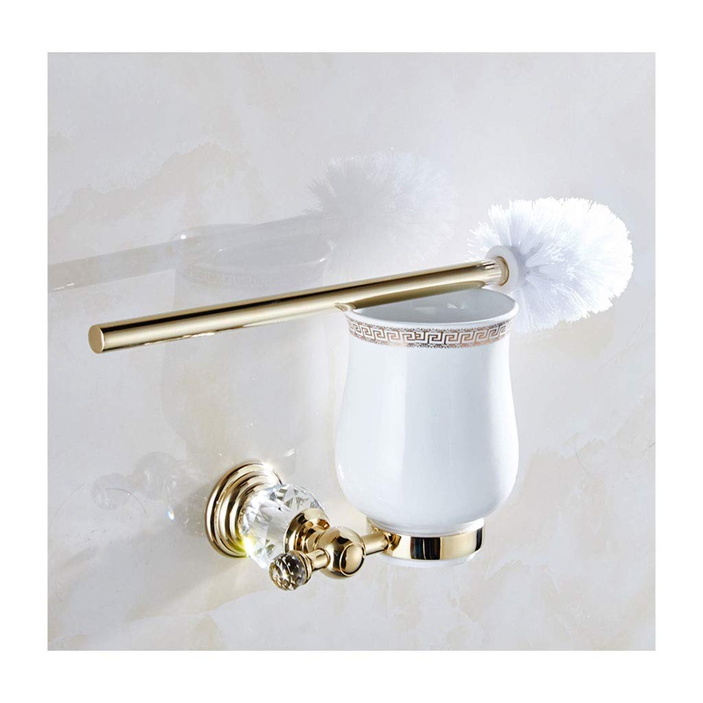 Heavy Duty Wall Mounted Toilet Brush Set with Ceramic Base - Gold for Bathroom Cleaning