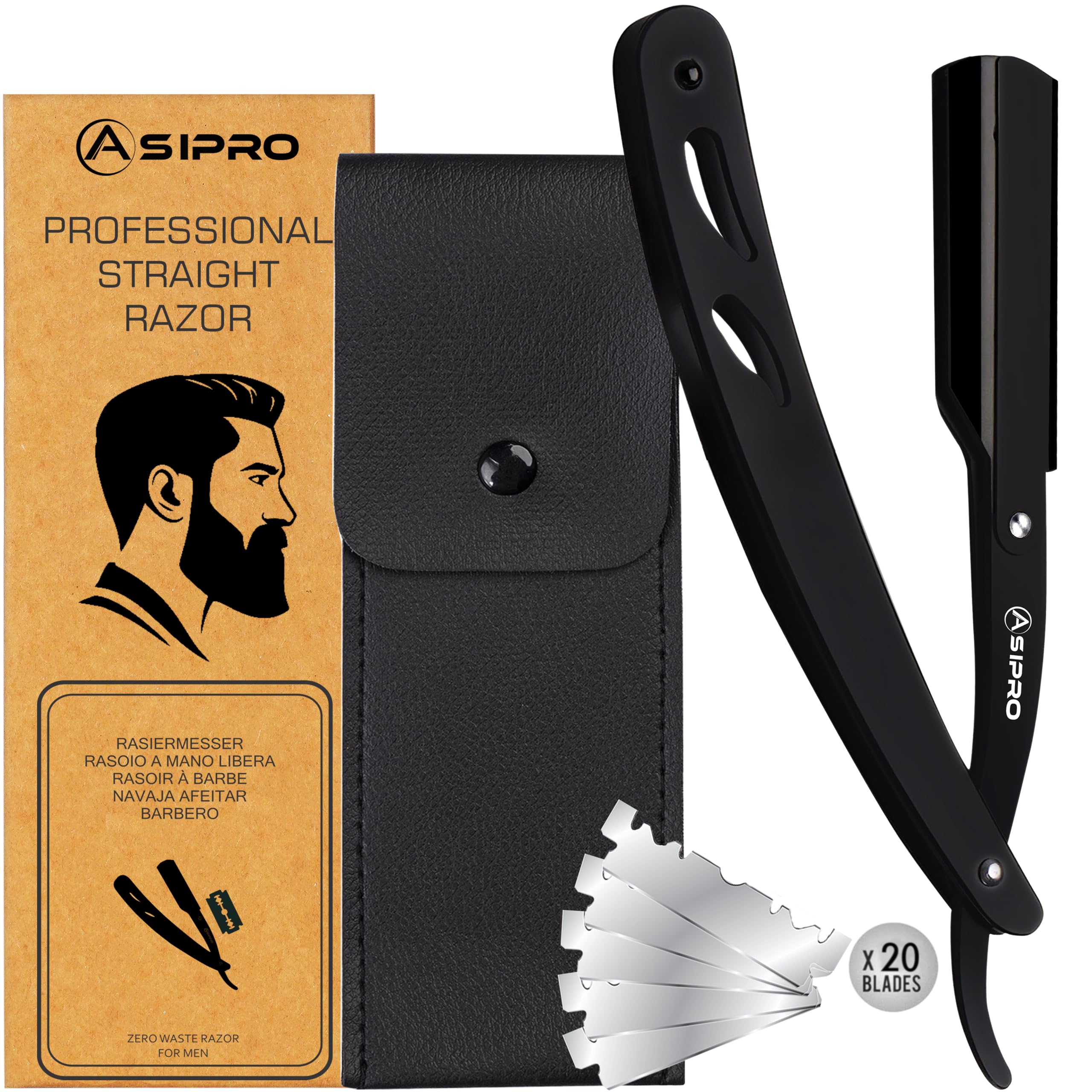 Premium Straight Razor Kit for Men - 20 Stainless Steel Razor Blades & Leather Case - Barber Shaving Razor for Smooth Shave - Perfect for Beard Trimming, Grooming & Professional Use