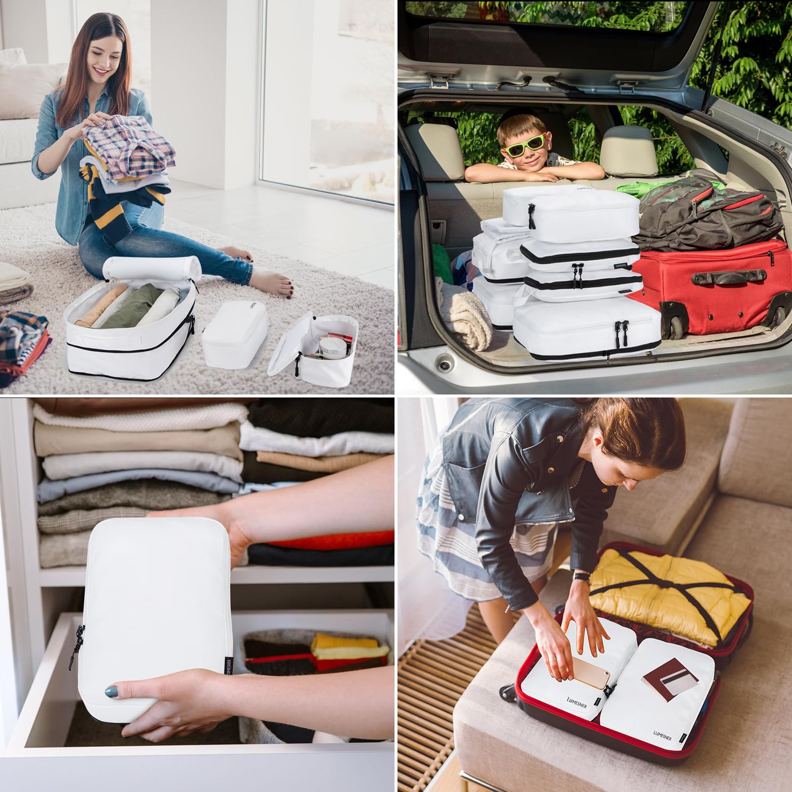 Lumesner 8-Piece Compression Packing Cubes Set for Travel - Space Saving Organizers for Carry-On Luggage & Suitcases (White) | Perfect for Business Trips, Vacations & Weekend Getaways