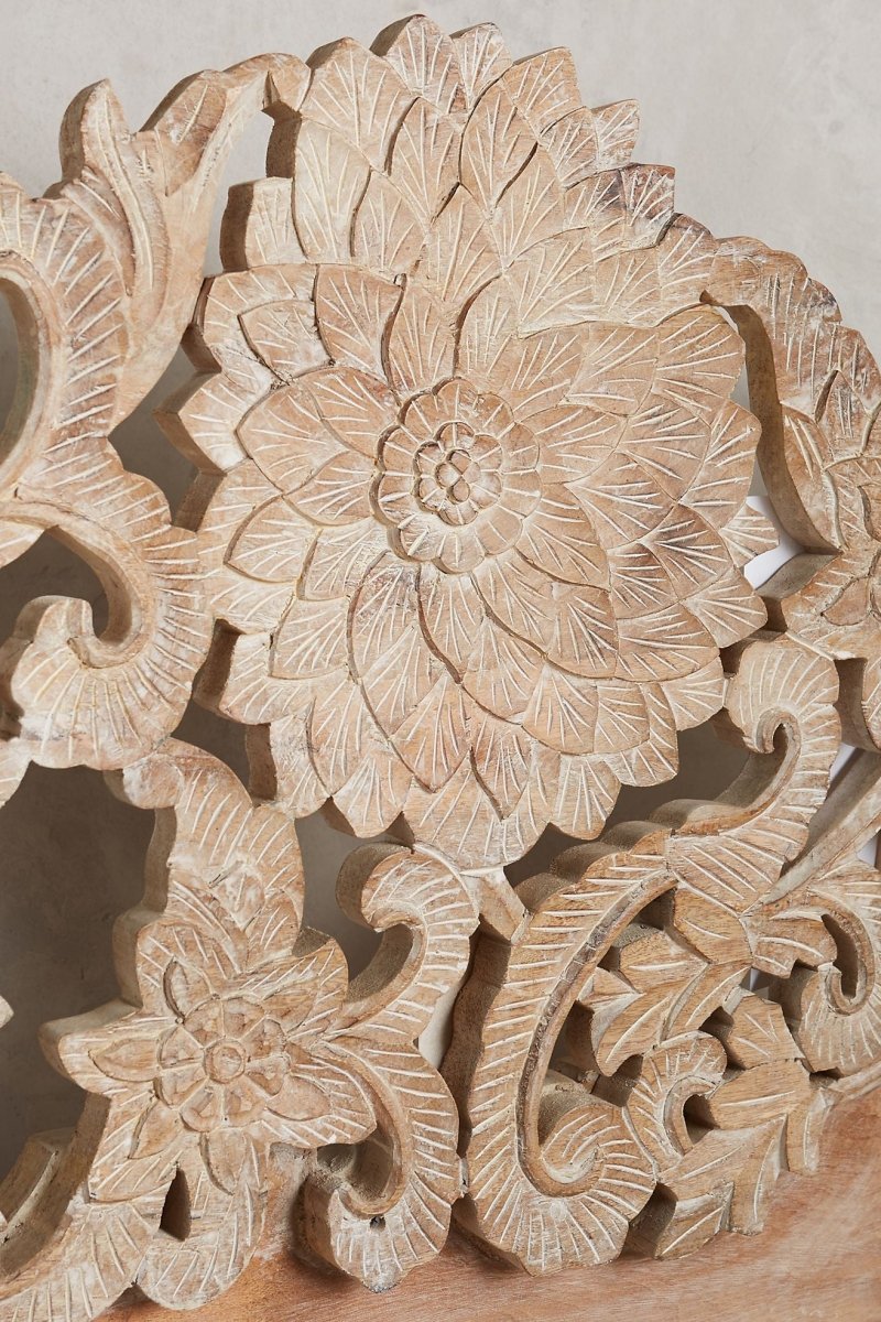 Hand Carved Solid Wood Lotus Platform Bed with Headboard - Handmade Indian Wooden Bed Frame for Master Bedroom & Guest Room Decor