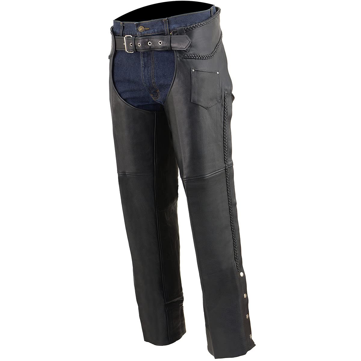 Premium Black Braided Leather Motorcycle Chaps for Men - Heavy Duty Riding Protection with Front Coin Pocket (ML1135) | Ideal for Harley, Cruiser & Adventure Biking