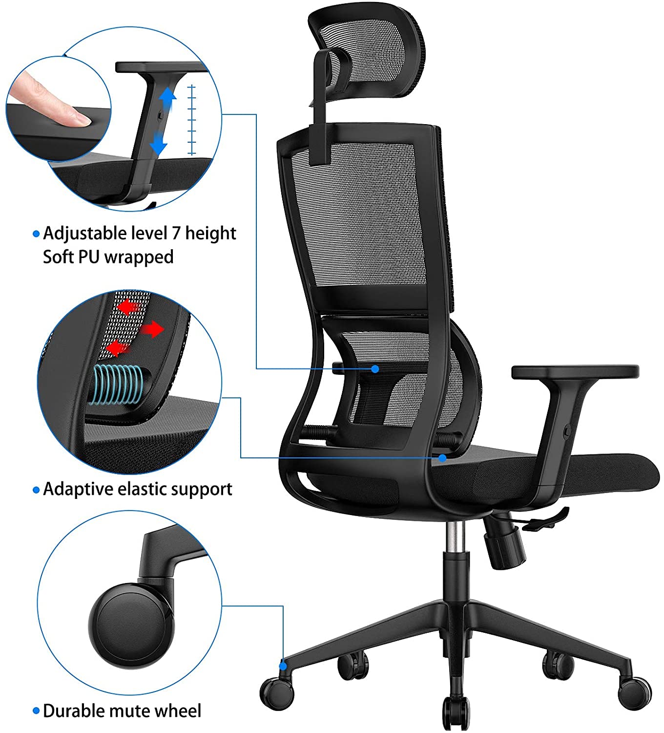 Ergonomic Office Chair with Adjustable Headrest & Lumbar Support - High Back Mesh Computer Desk Chair with Tilt Function & Adjustable Armrests - Perfect for Home Office, Gaming & Workspace Comfort