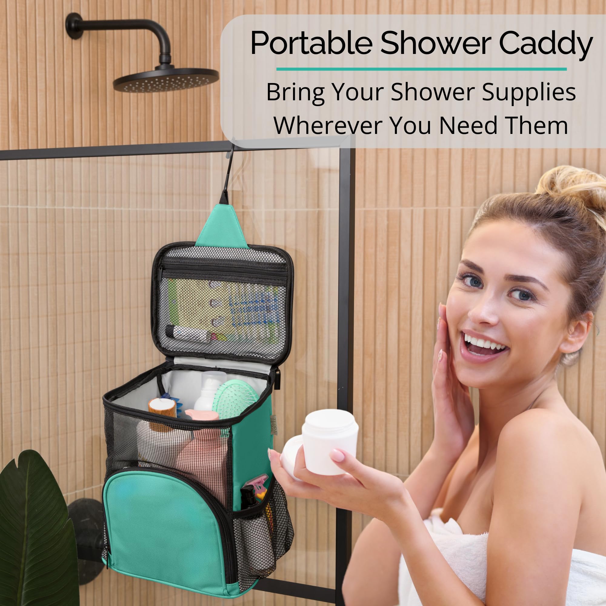 Portable Shower Caddy Organizer - Large Capacity Quick-Dry Water-Resistant Hanging Toiletry Bag with Metal Hook for College Dorms, Gym & Travel - Perfect for Bathroom Storage & Camping Trips (Aqua)