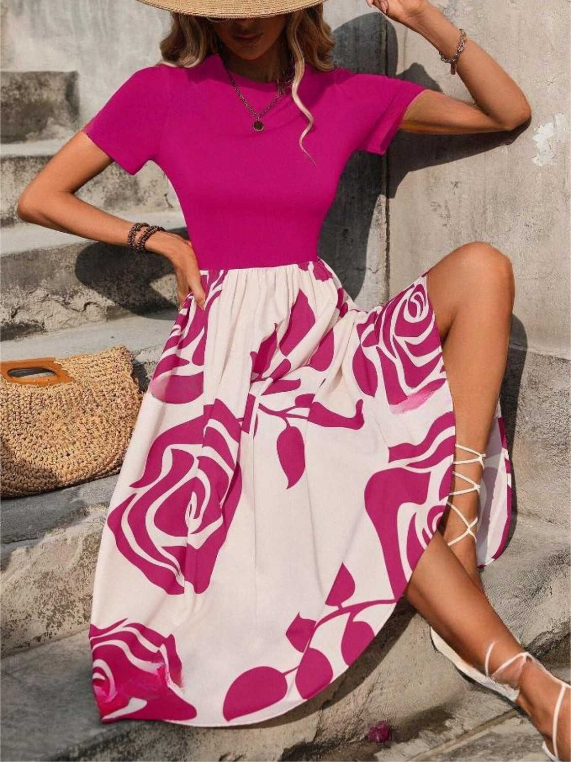 Elegant Rose Printed Midi Dress for Women - Floral Summer Casual Dress with Short Sleeves - Perfect for Garden Parties, Date Nights & Office Wear