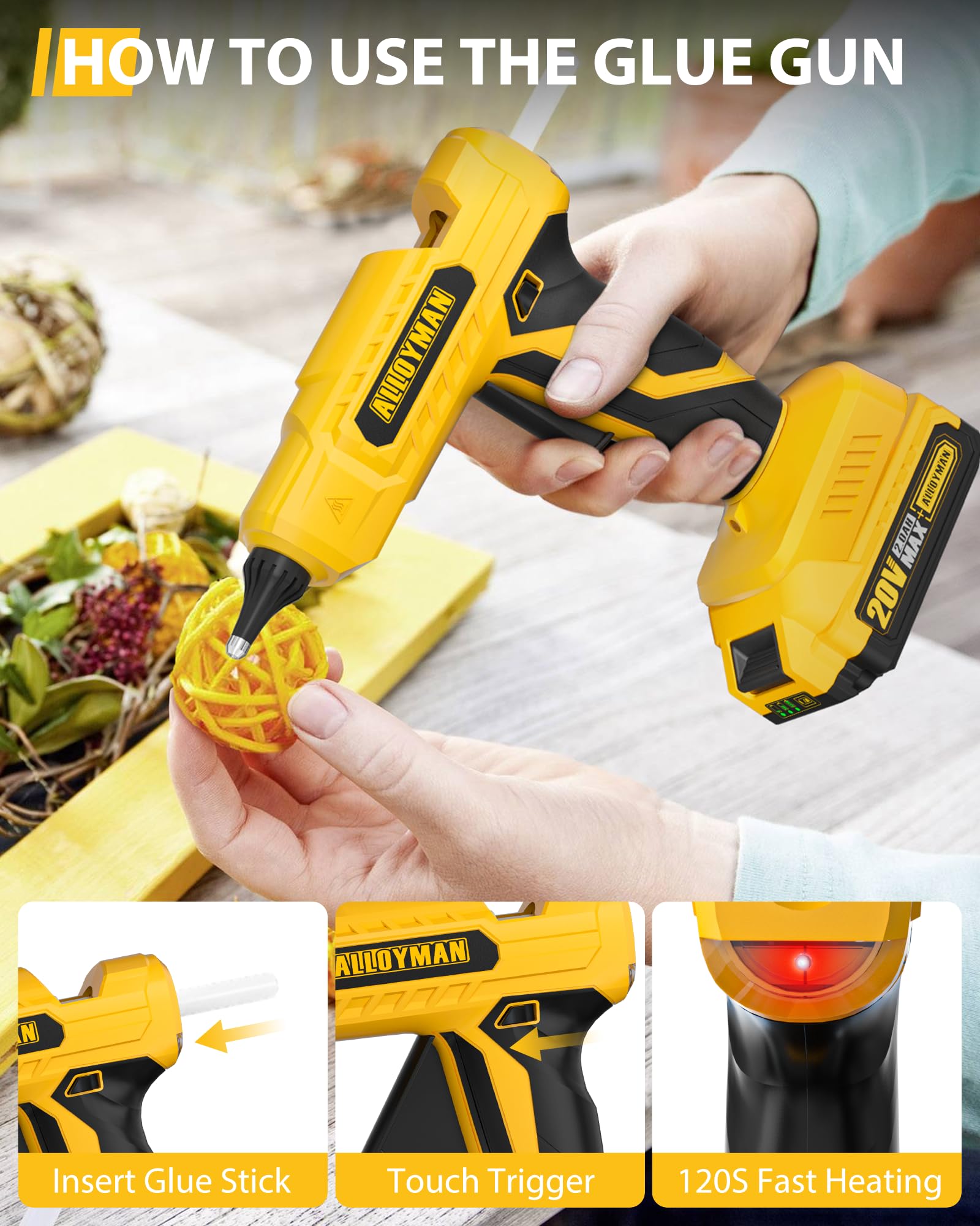 Alloyman 20V Cordless Hot Glue Gun - Fast Heating, Drip-Free with LED Light & 20 Full Size Glue Sticks - Perfect for Arts, Crafts, DIY Gifts, Home Repairs & School Projects