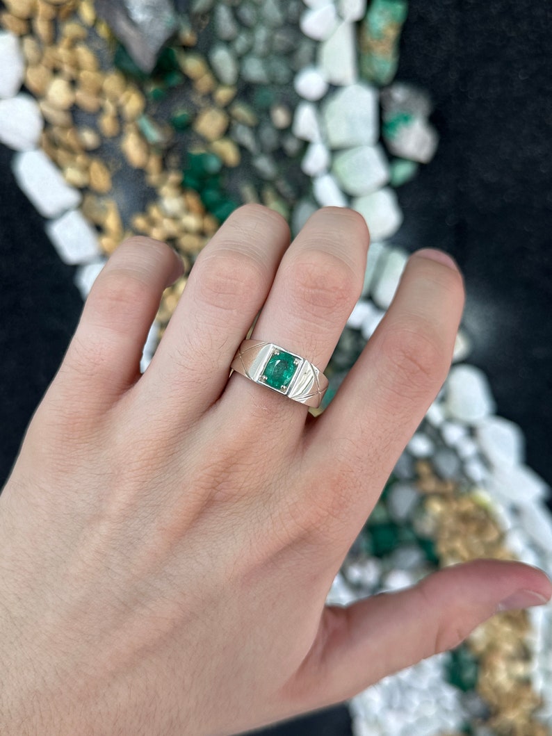 1.13 Carat Natural Green Oval Cut Emerald Solitaire Ring for Men - Sterling Silver Band, Handcrafted Jewelry for Weddings, Engagements & Special Occasions