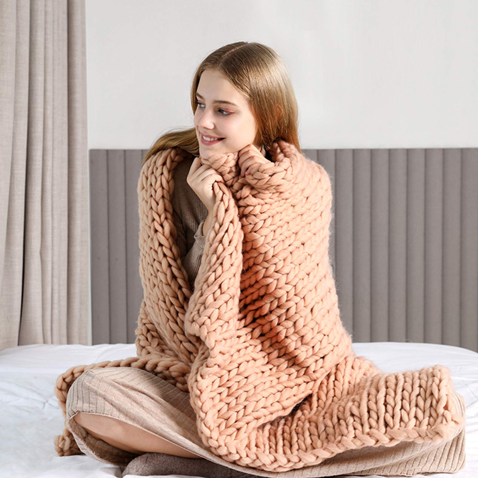 Chunky Knit Blanket Handmade Bulky Light Teal - Super Soft & Thick Knitted Throw Blanket (40x60in) | 2CM Wide Boho Home Decor | Acrylic Yarn Farmhouse Gift for Living Room, Bed & Bench Cozy Scenes