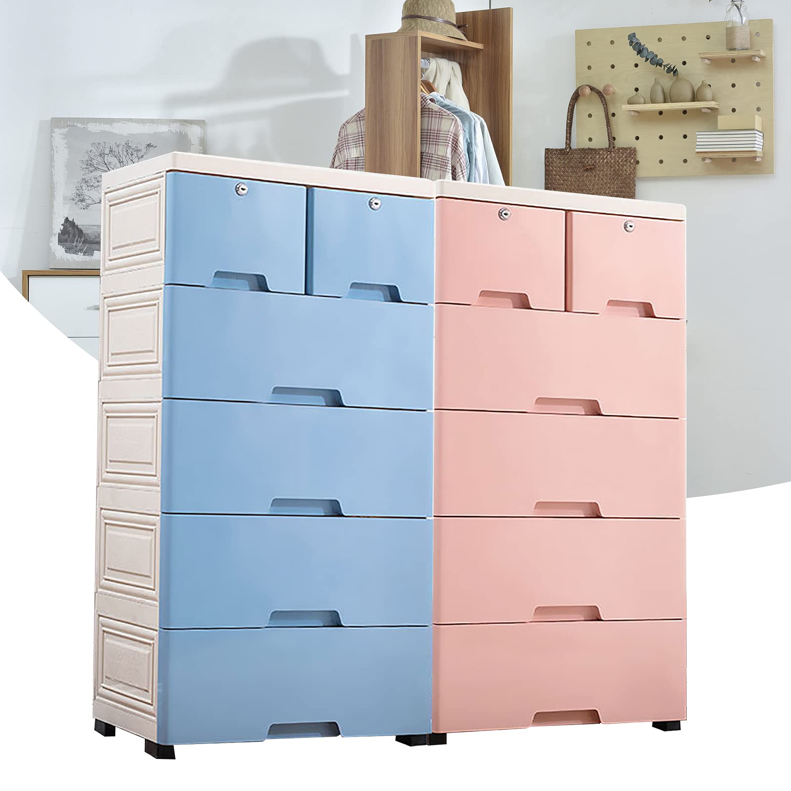 6-Drawer Plastic Storage Tower with Wheels - DYRABREST Vertical Dresser Organizer for Clothes & Accessories, Easy Assembly 5-Tier Cabinet for Bedroom, Closet, Dorm or Office (Blue)
