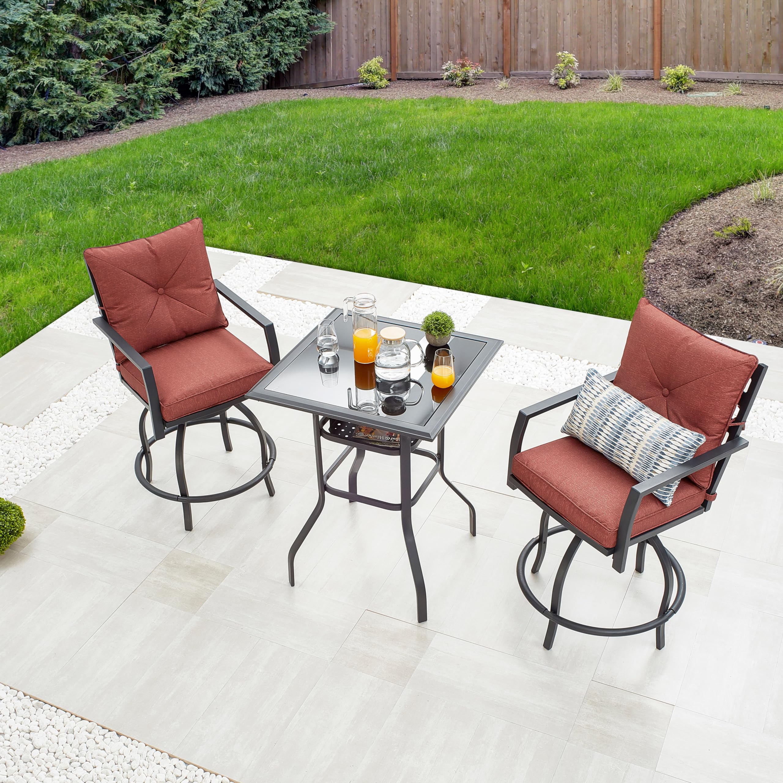 LOKATSE HOME 3-Piece Patio Bar Set with 2 Swivel Bar Stools & 1 High Glass Top Table - Outdoor Bistro Dining Furniture for Balcony, Deck, Garden - Red (Bar Height)