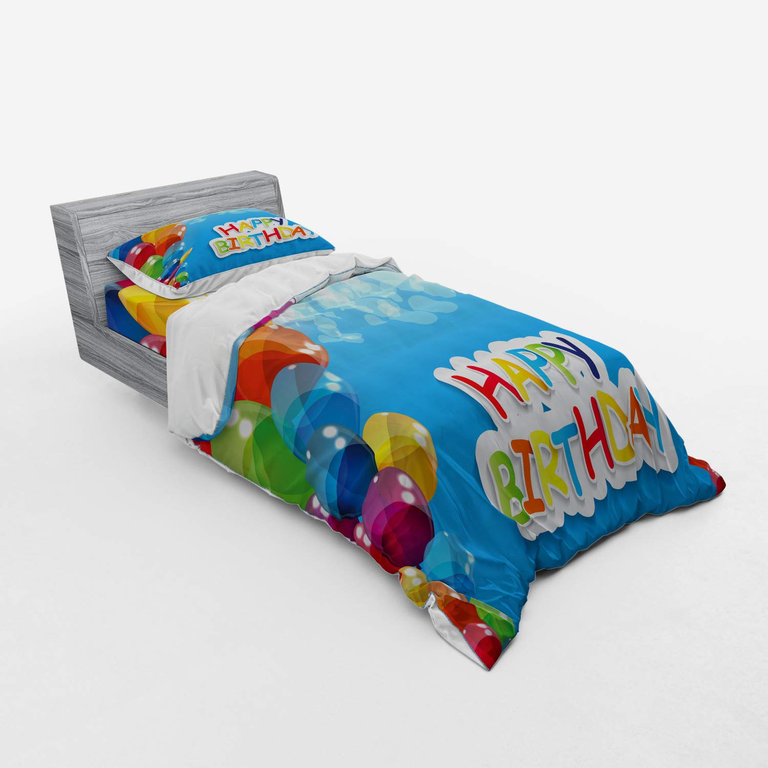 Ambesonne Vibrant Balloons in The Sky Duvet Cover Set - 3 Piece Twin Size Bedding with Sham & Fitted Sheet, Abstract Air Celebration Theme - Perfect for Birthday Parties, Kids Rooms & Festive Decor