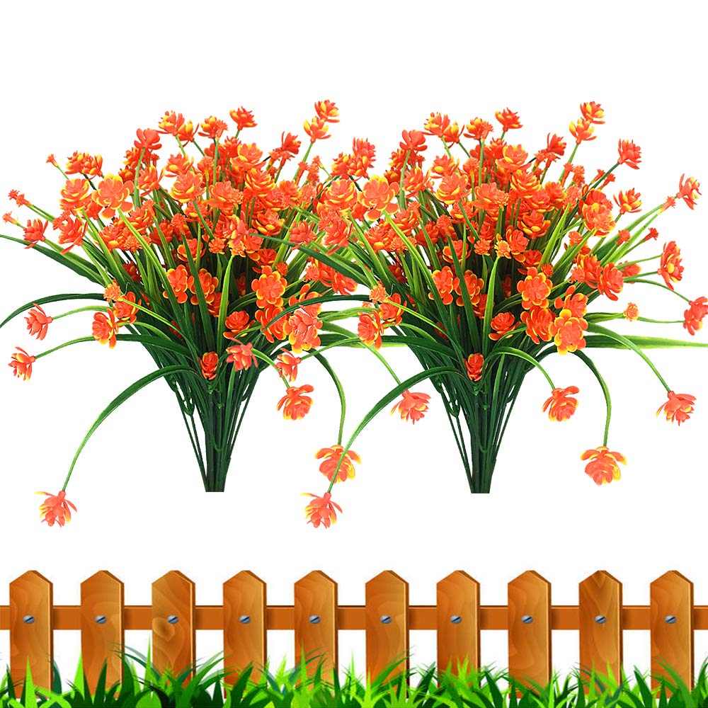 JEMONG Artificial Fake Flowers - 8 Bundles UV Resistant Outdoor Greenery Shrubs for Indoor/Outside Hanging Planters - Home & Garden Decor (Orange) - Perfect for Porch, Patio, Balcony & Wedding Decorations