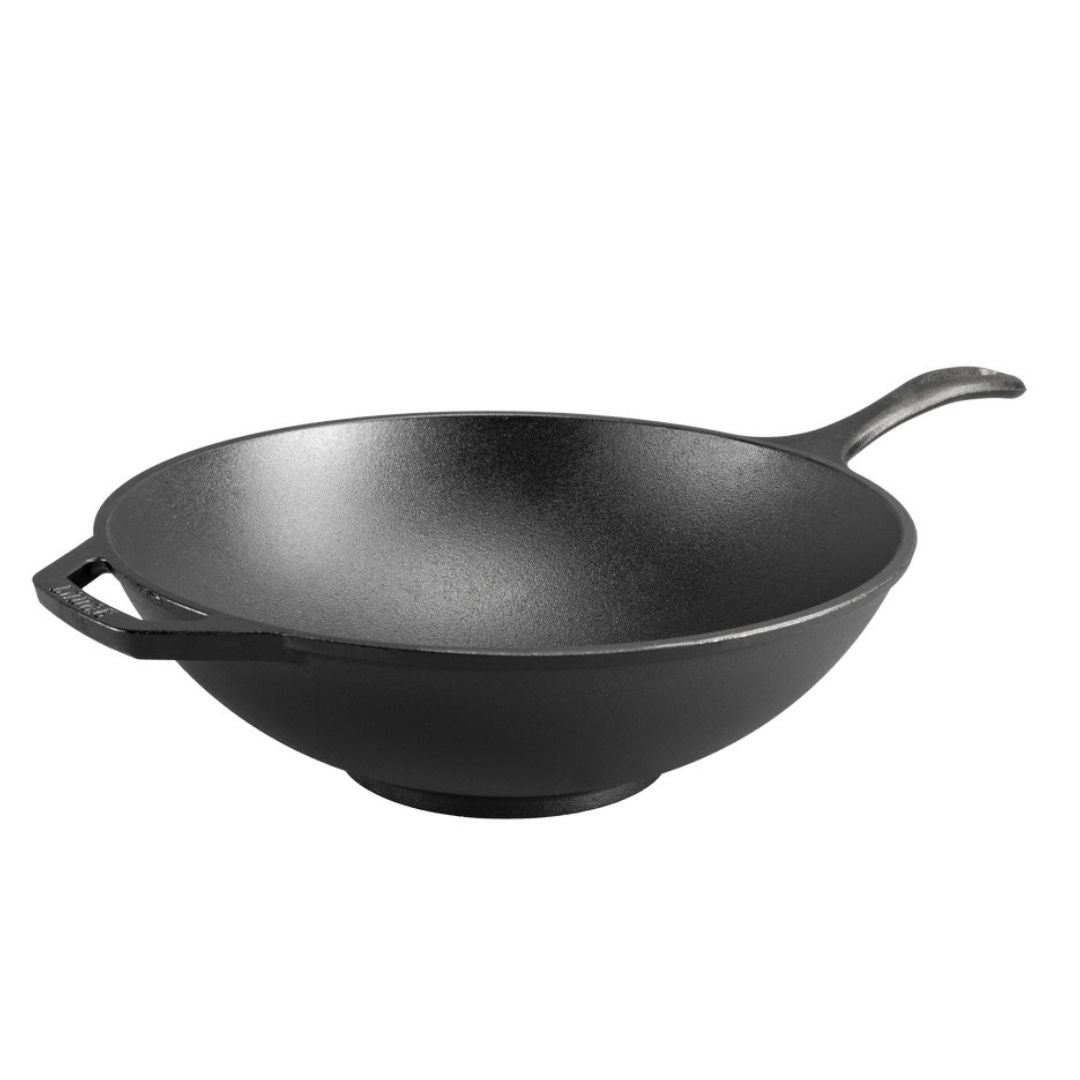 Cast Iron Wok Pan - 12 Inch Chef Collection Skillet for Stir Fry, Deep Frying & Asian Cooking - Pre-Seasoned Carbon Steel Wok with Wooden Handle - Perfect for Home Kitchen & Restaurant Use