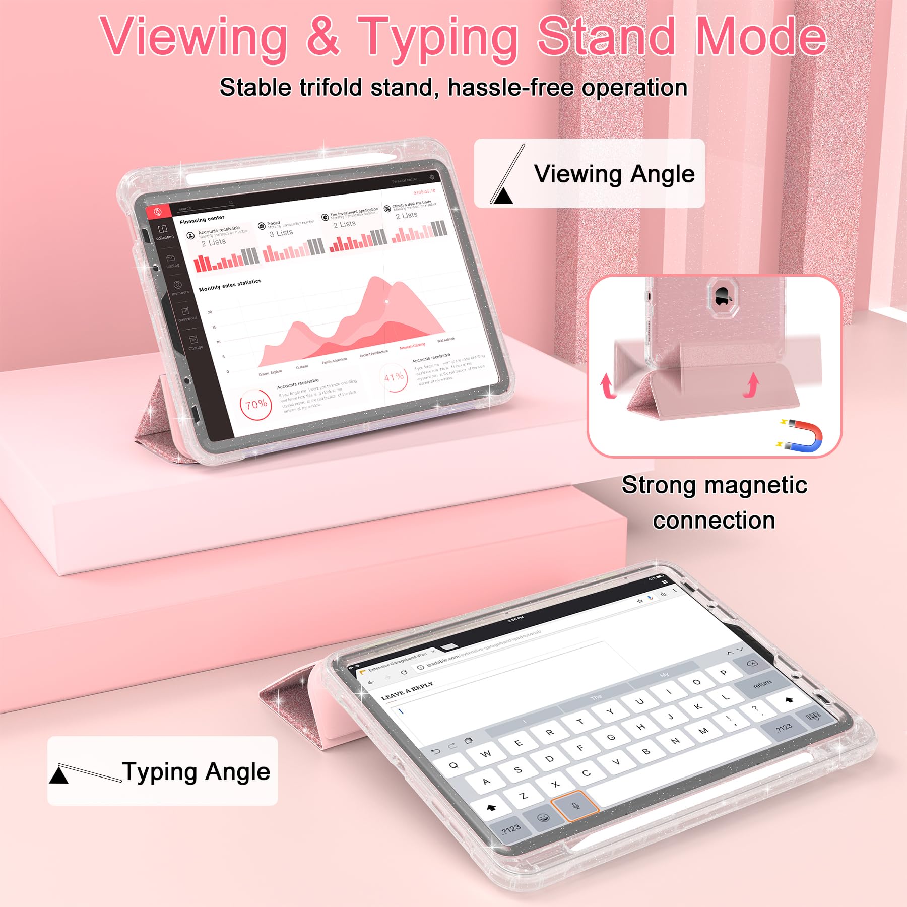 Premium iPad Air 11 Inch Case 2024 & iPad Air 5th/4th Gen 10.9 Inch Case (2022/2020) - Sparkly Glitter Trifold Stand Leather Cover with Pencil Holder, Auto Wake/Sleep & Clear TPU Back (Rose Gold) - Perfect for Work, School & Travel Protection