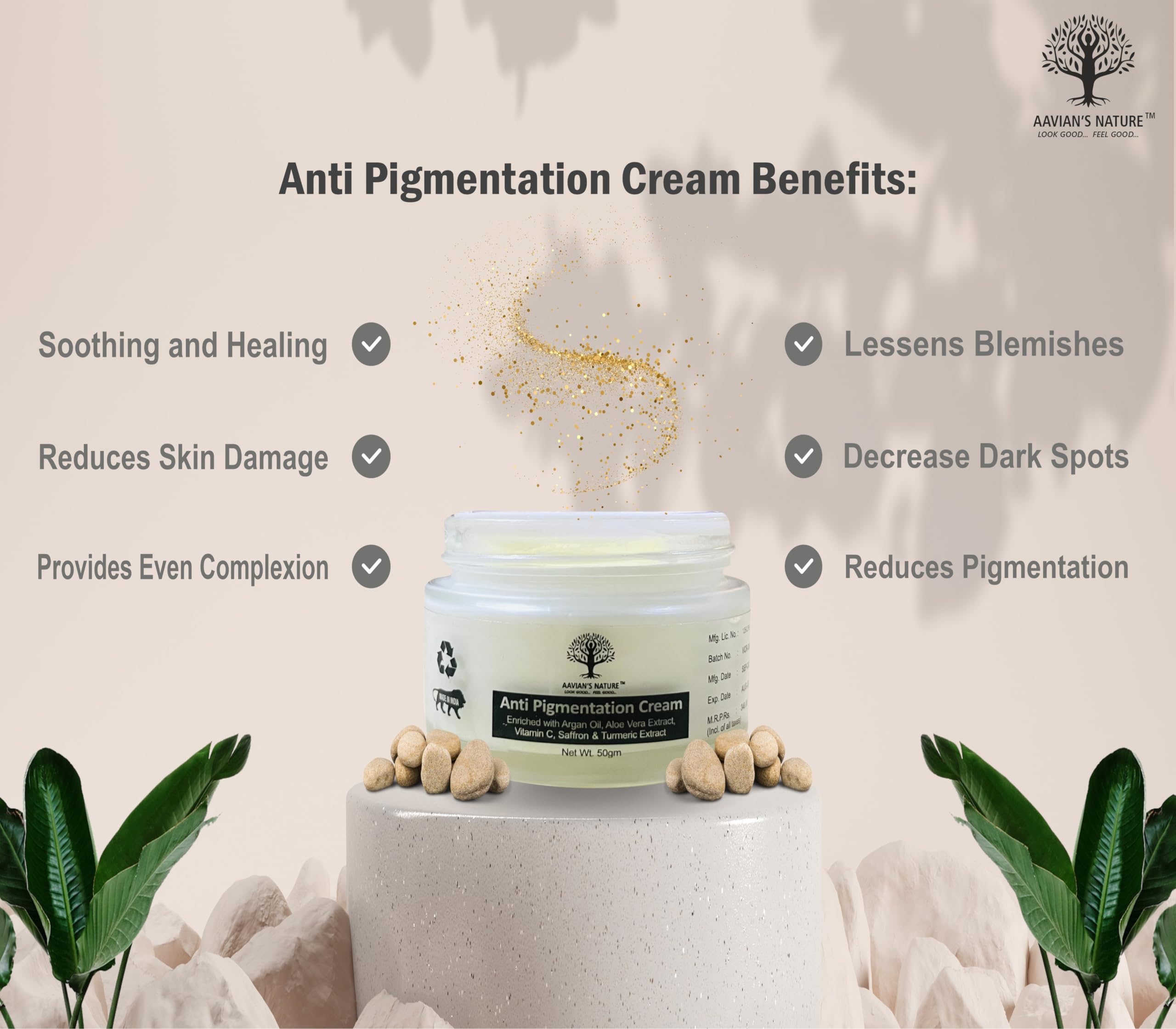 Aavian's Anti-Pigmentation Face Cream with Argan Oil, Aloe Vera & Vitamin C – 50g Brightening Treatment for Dark Spots & Uneven Skin Tone | Perfect for Daily Skincare Routine & Nighttime Repair