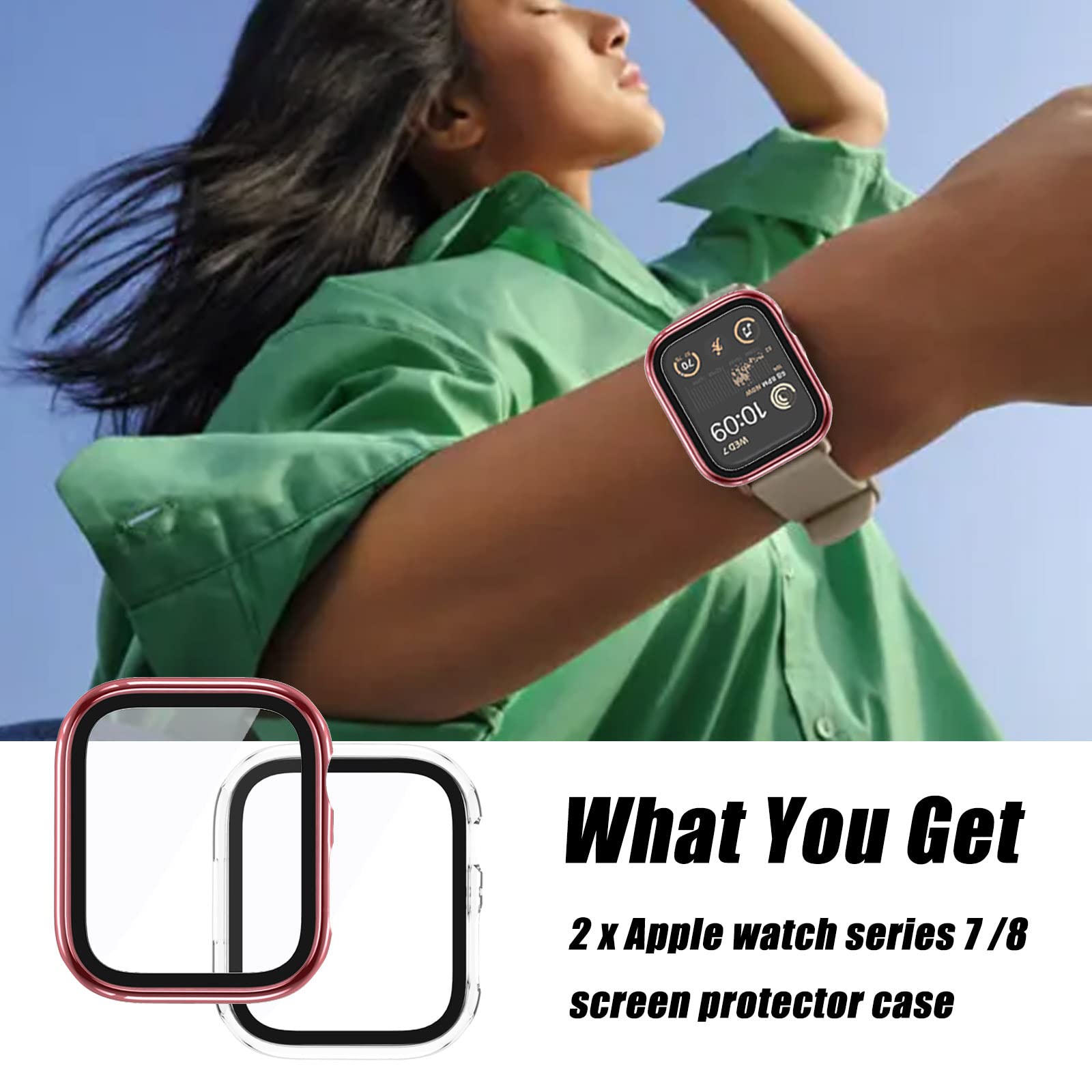 2-Pack Hard Protective Case for Apple Watch Series 9/8/7 (45mm/41mm) with Tempered Glass Screen Protector - Anti-Scratch, Stylish Plating PC Shell - Perfect for Workouts, Outdoor Activities & Daily Wear (41mm, Pink+Clear)