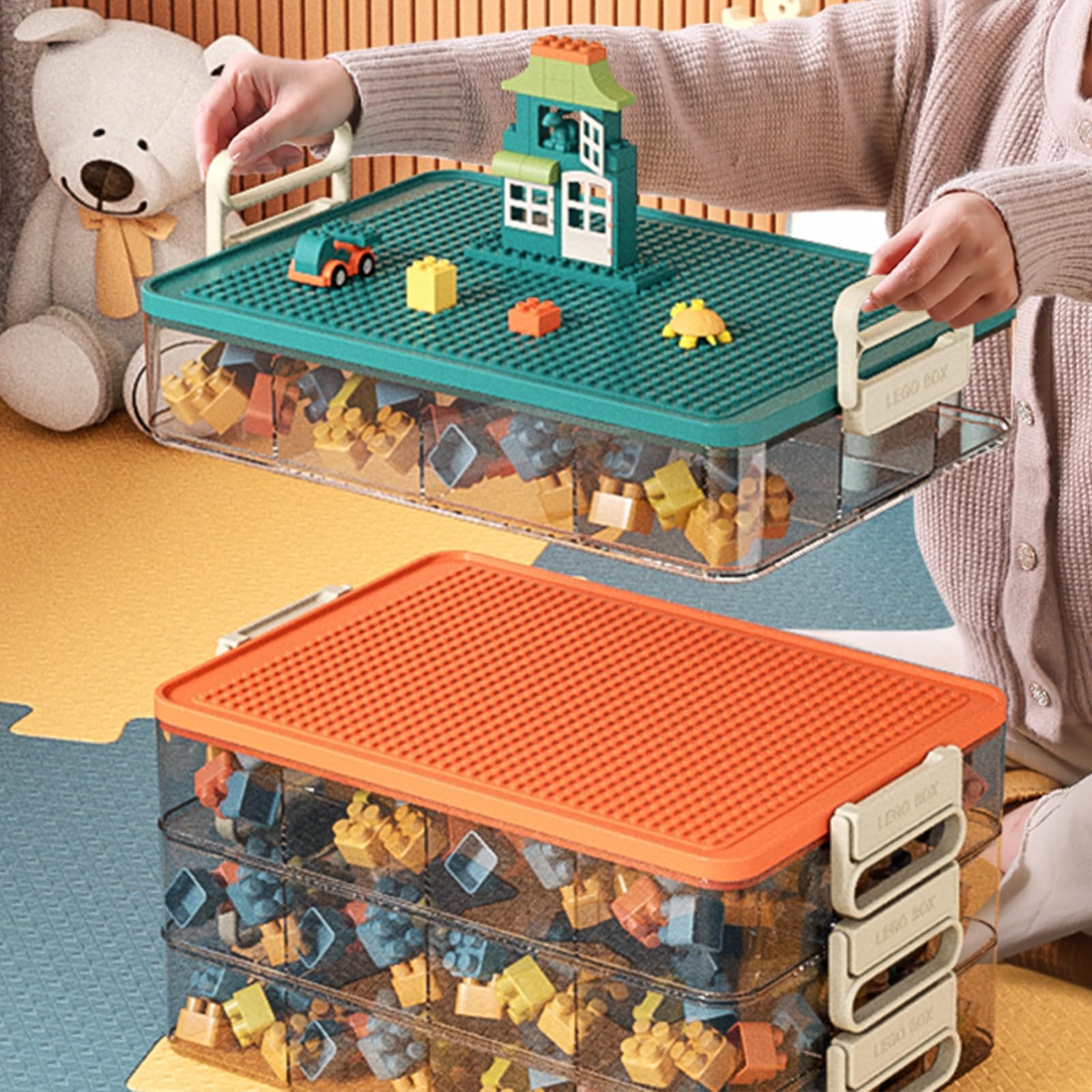 Stackable Plastic Toy Storage Organizer Bins for LEGO Building Blocks - 24 Grid Compartment Toy Box with 3 Layers (Green) | Perfect for Kids' Room Organization & Playroom Storage