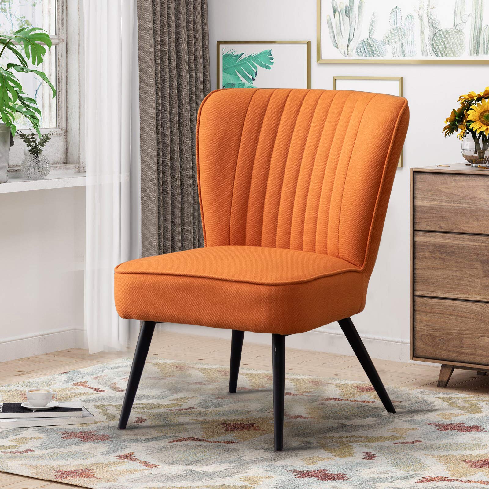 Annjoe Armless Accent Chair Set of 2 - Modern Upholstered Slipper Chairs with Sturdy Metal Legs for Living Room, Dining Room, Kitchen, Office & Bistro - Orange Velvet Fabric - Perfect for Small Spaces, Reading Nooks & Coffee Shops