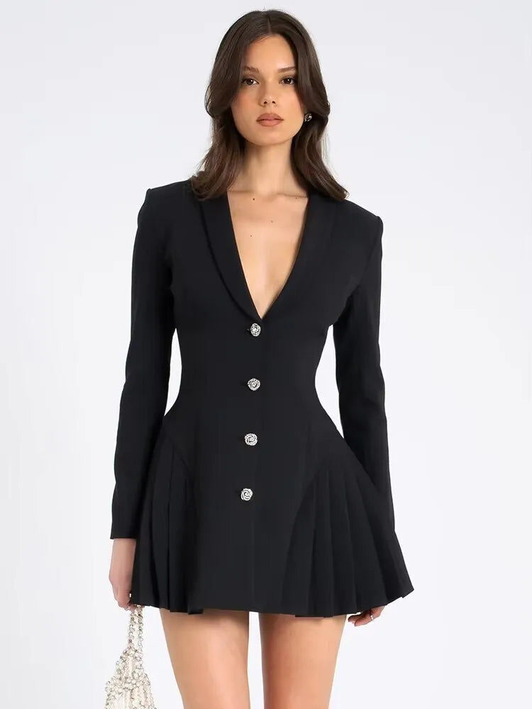 Fantoye Women's Deep V-Neck Single Breasted Pleated Blazer Mini Dress - Long Sleeve A-Line Office Dress for Autumn | Elegant Workwear & Business Casual Outfits