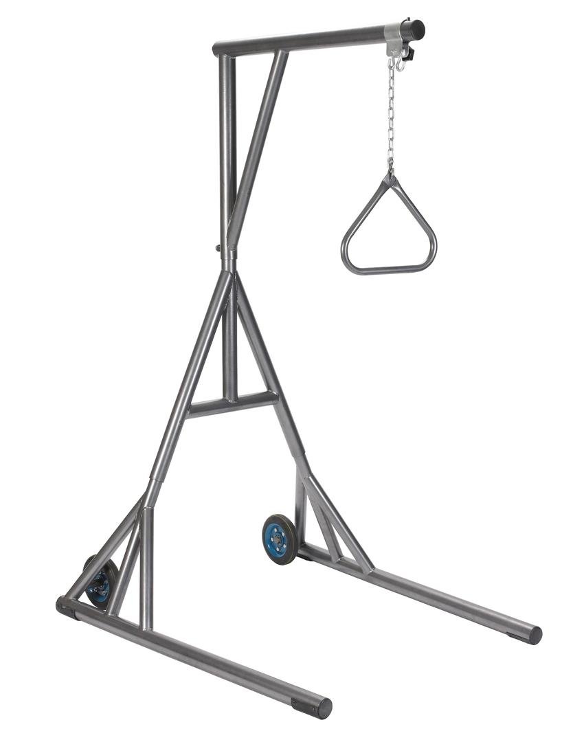 Drive Medical Heavy Duty Silver Vein Trapeze with Base and Wheels - Adjustable Overbed Assist Bar for Home Mobility & Patient Care
