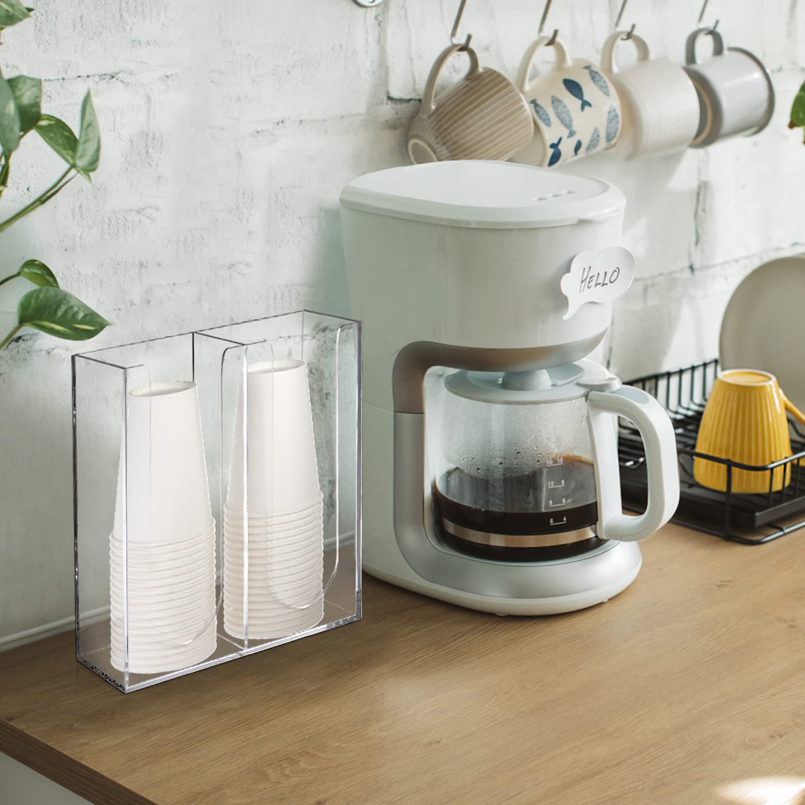 Suwimut Clear Acrylic Coffee Cup and Lid Storage Organizer - 2 Compartment Disposable Paper Cup Dispenser for Kitchen Countertop & Coffee Bar | Perfect for Organizing Cups, Lids, and Accessories in Cafes, Offices, and Home Kitchens