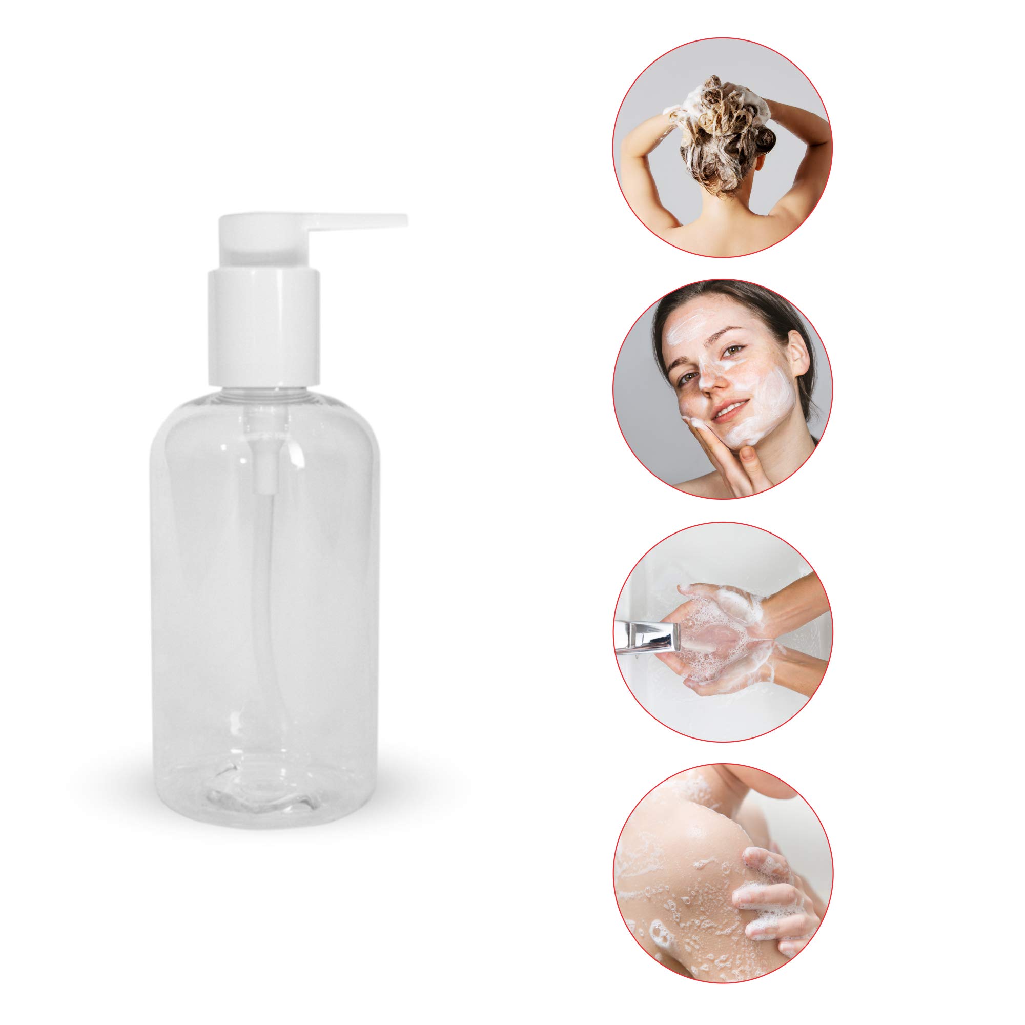 UHI Cosmetics 8 Oz. Empty Boston Round PET Bottles with Pump - 24 Pack Clear Reusable Containers for Hand Sanitizer, Lotion, Shampoo, Conditioner, Cream & Soap | Perfect for Home, Salon, Travel & DIY Projects