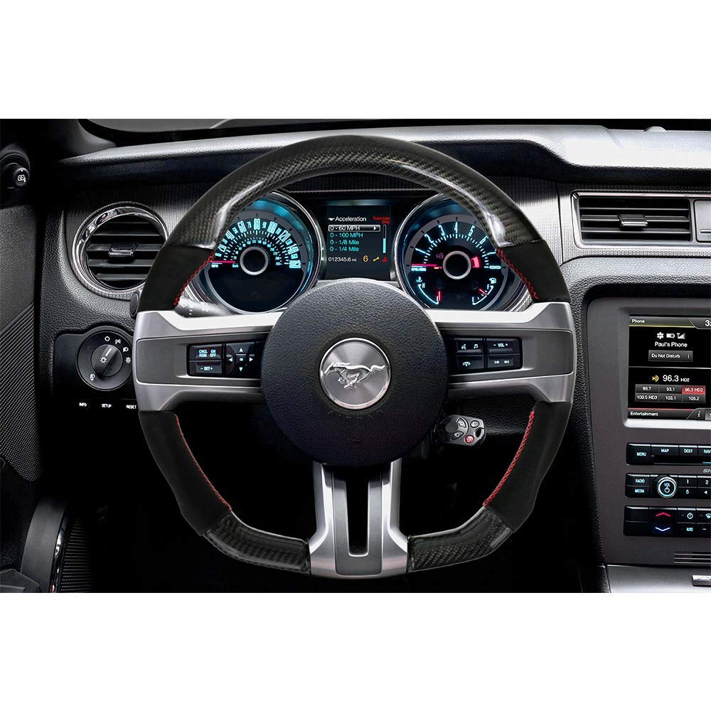 FREEMOTOR802 Carbon Fiber Racing Steering Wheel Replacement for 2010-2014 Ford Mustang - Synthetic Suede with Red Stitching | Upgrade Your Ride for Track Days & Street Performance