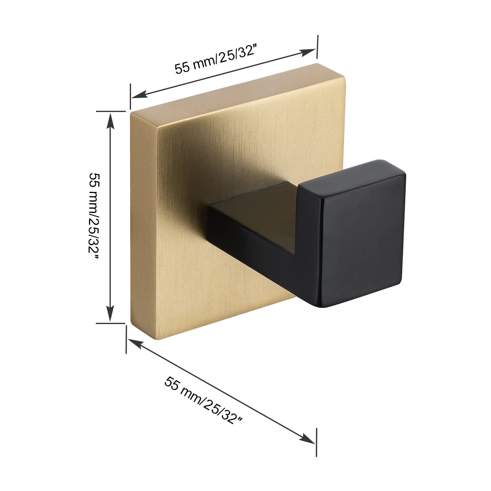 Stainless Steel Black & Gold Wall Mounted Coat Hooks - 2 Pack Square Towel/Robe Hangers for Bathroom, Kitchen, Garage - Durable Home & Office Organization Solution