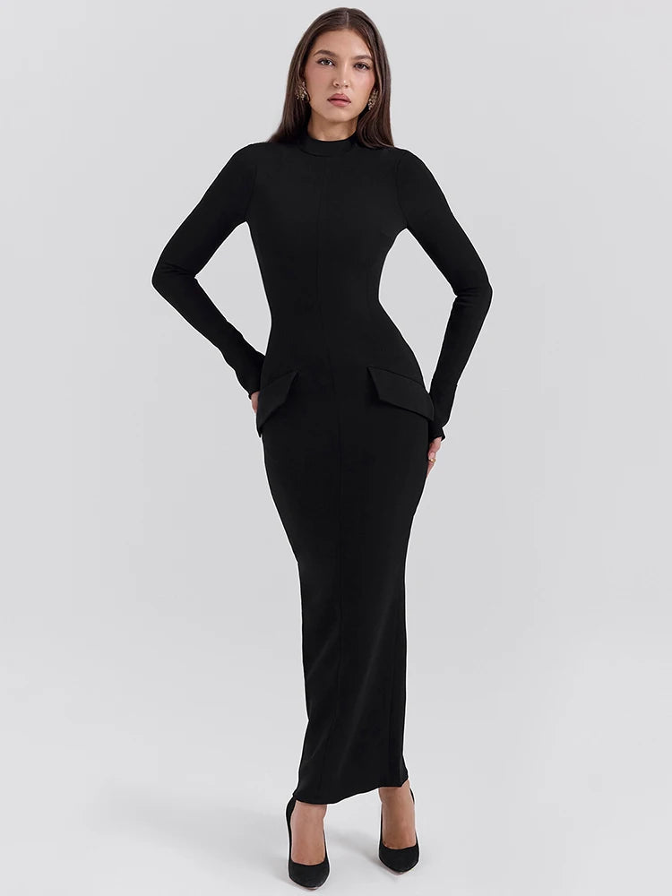 Elegant Black Long Sleeve Bodycon Maxi Dress for Women - O Neck with Two Pockets & Back Split - Perfect for Fall Winter Fashion, Date Nights, and Evening Parties
